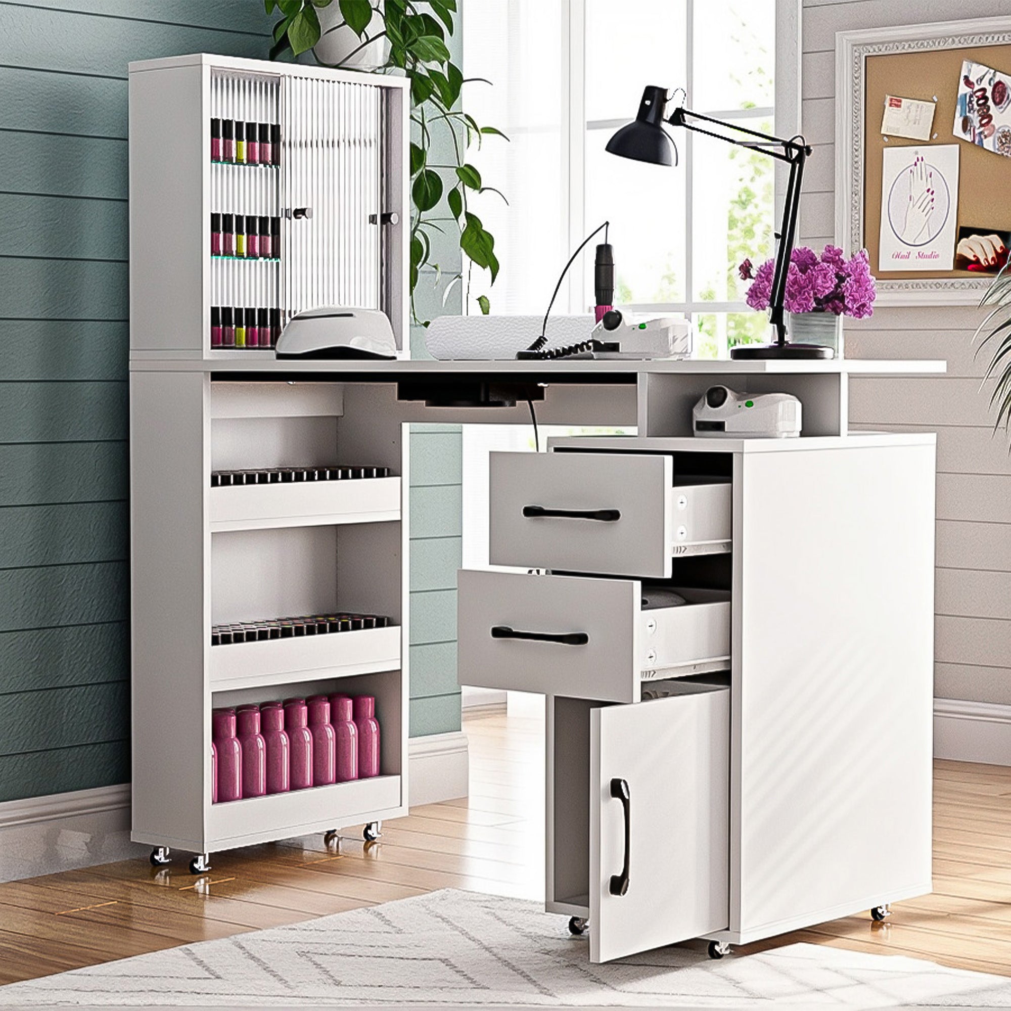 Advwin Nail Table with Glass Door Cabinets & Wheels