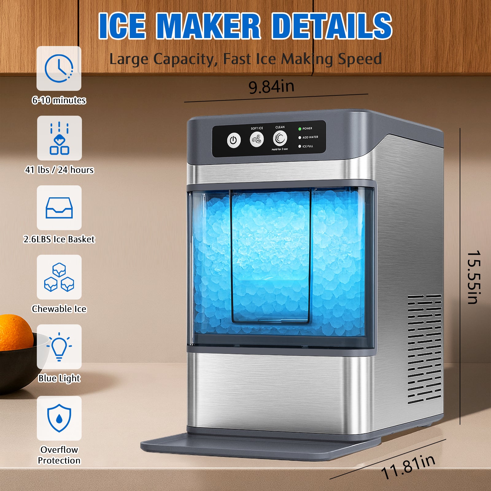 Ice maker with features listed on a wooden background