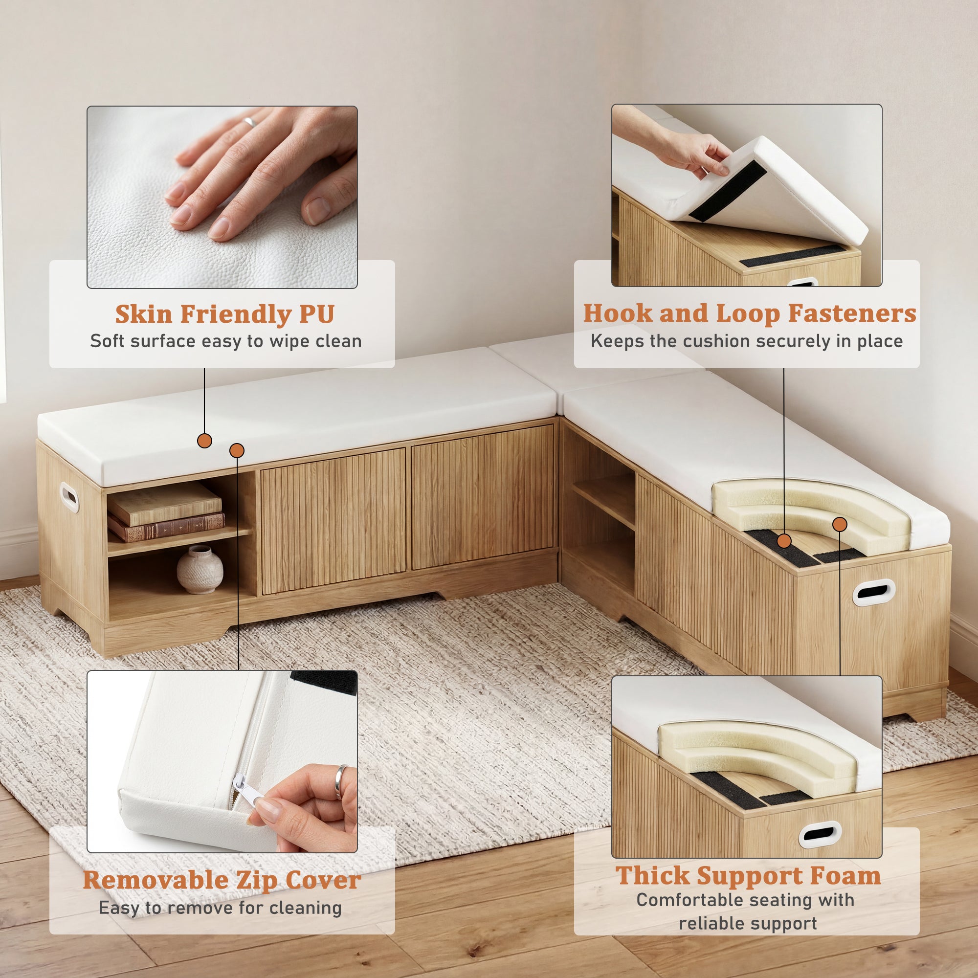 Wooden corner cabinet with cushioned seat, showing features like skin-friendly PU surface, hook and loop fasteners, removable zip cover, and thick support foam.