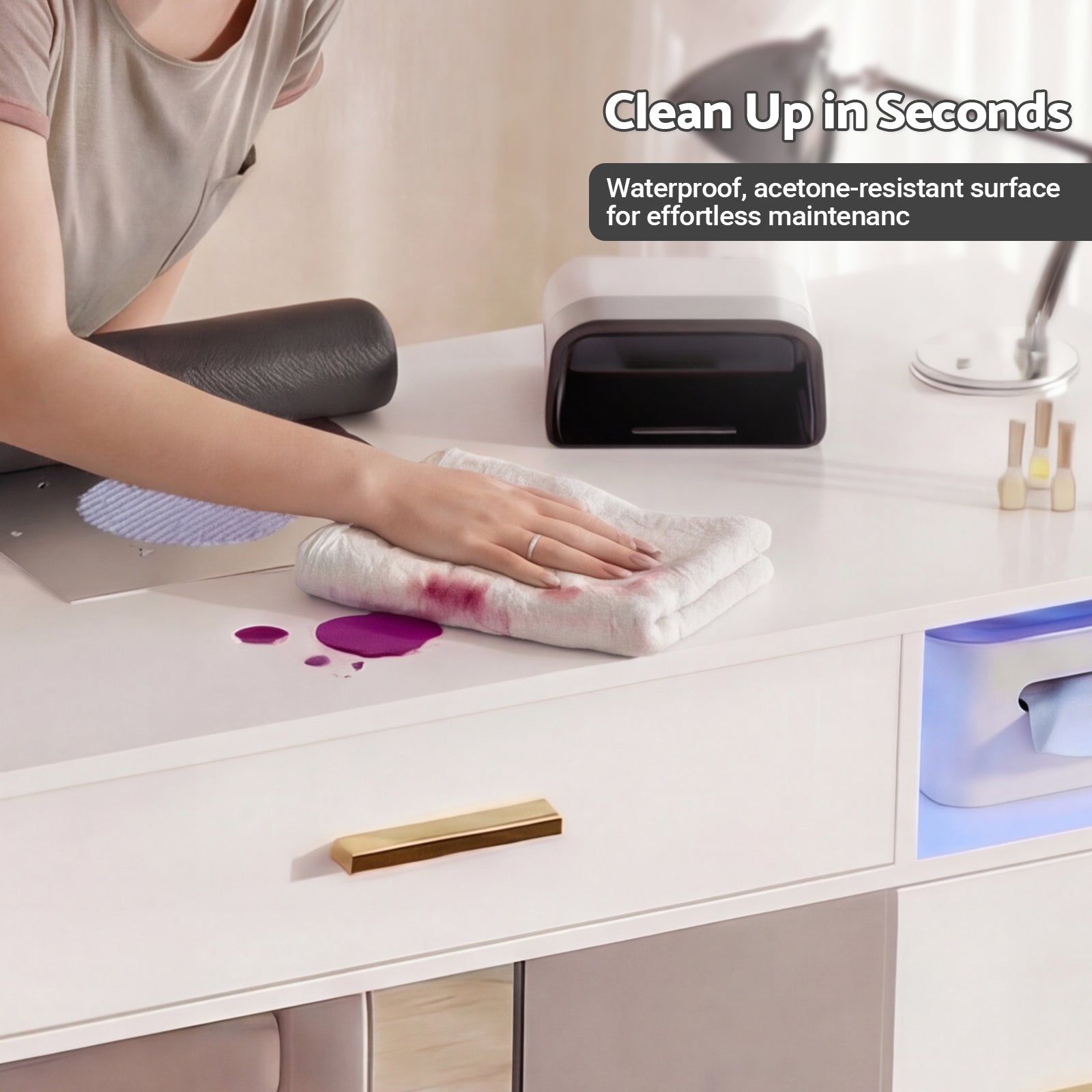 Person cleaning a white surface with a cloth, text about waterproof and acetone-resistant properties.