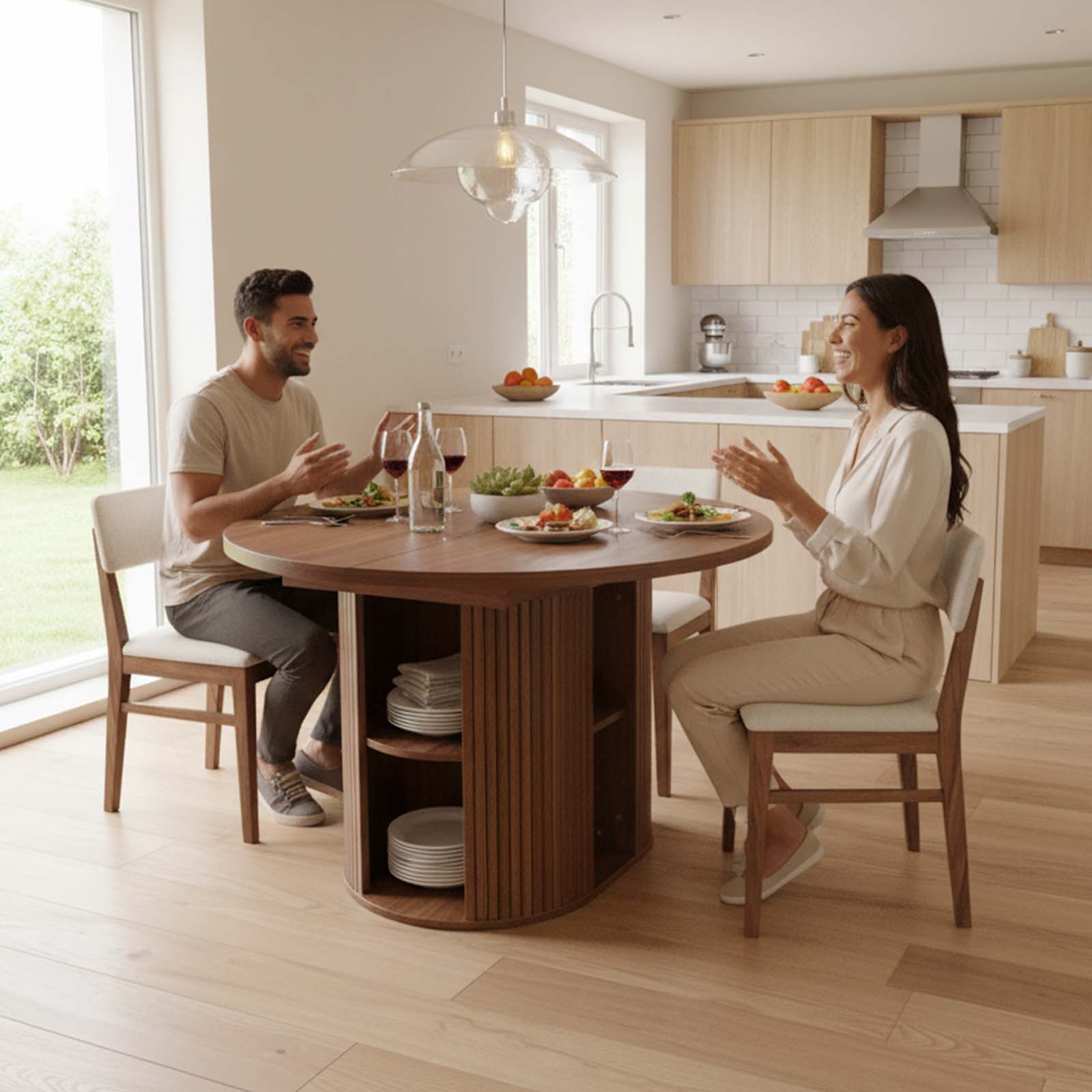 Two people sitting at a wooden dining table in a modern kitchen.