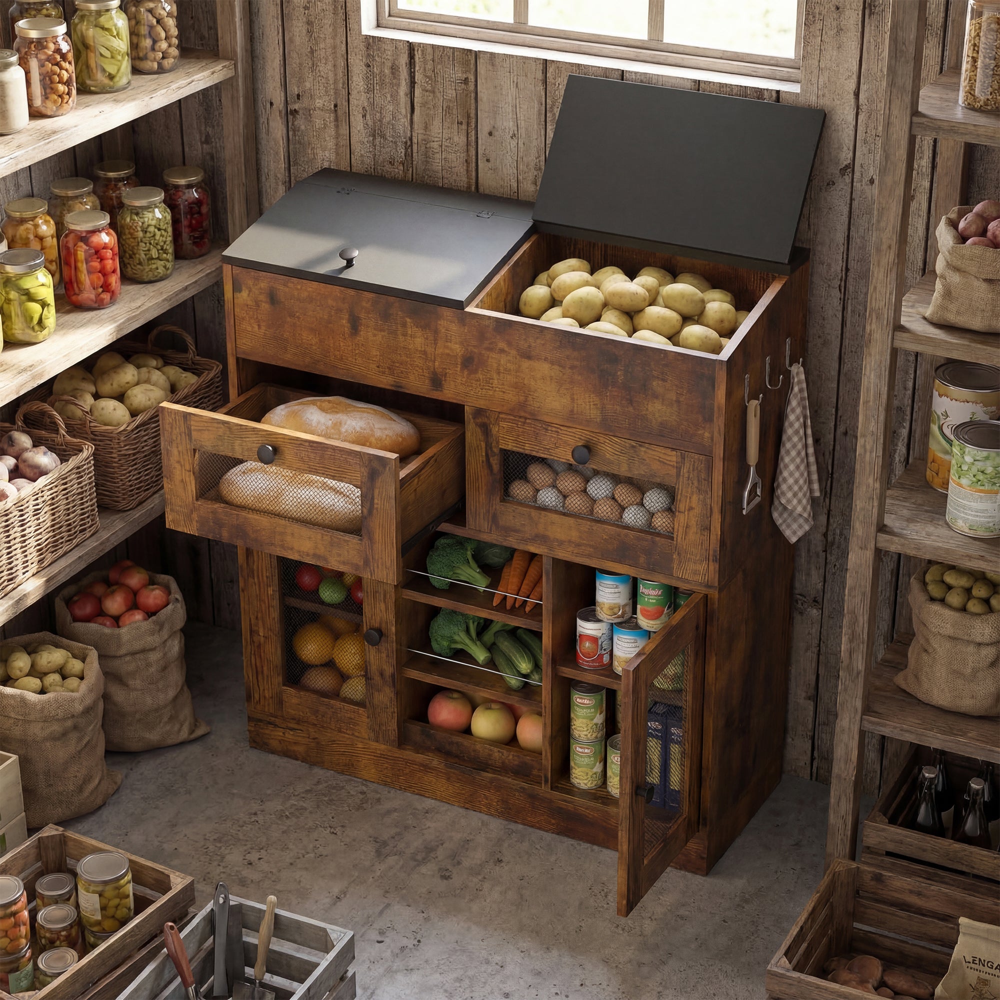 Wooden storage cabinet with shelves filled with food items in a rustic kitchen setting.