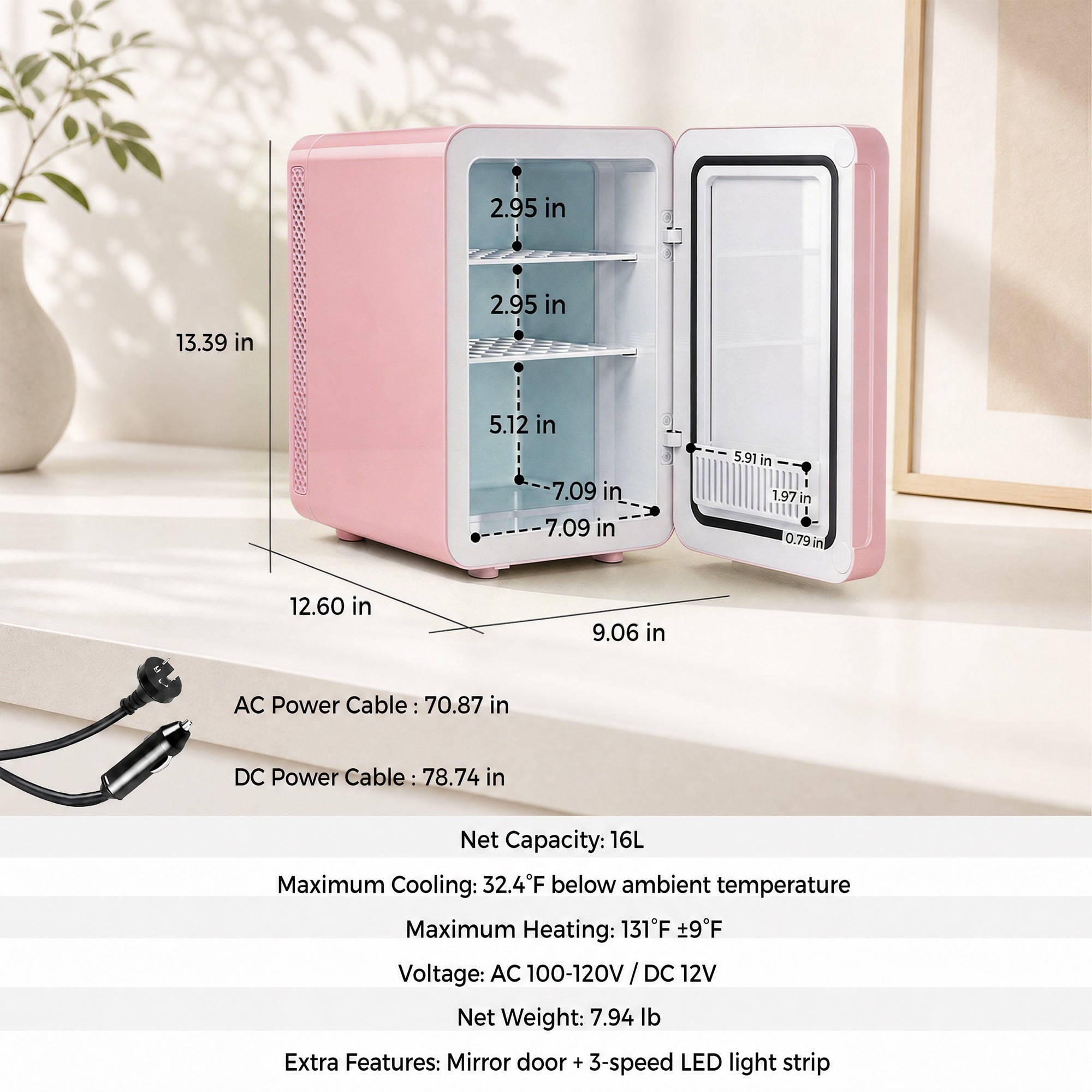 Advwin 16L Mini Skincare Fridge with Mirror & LED Lighting