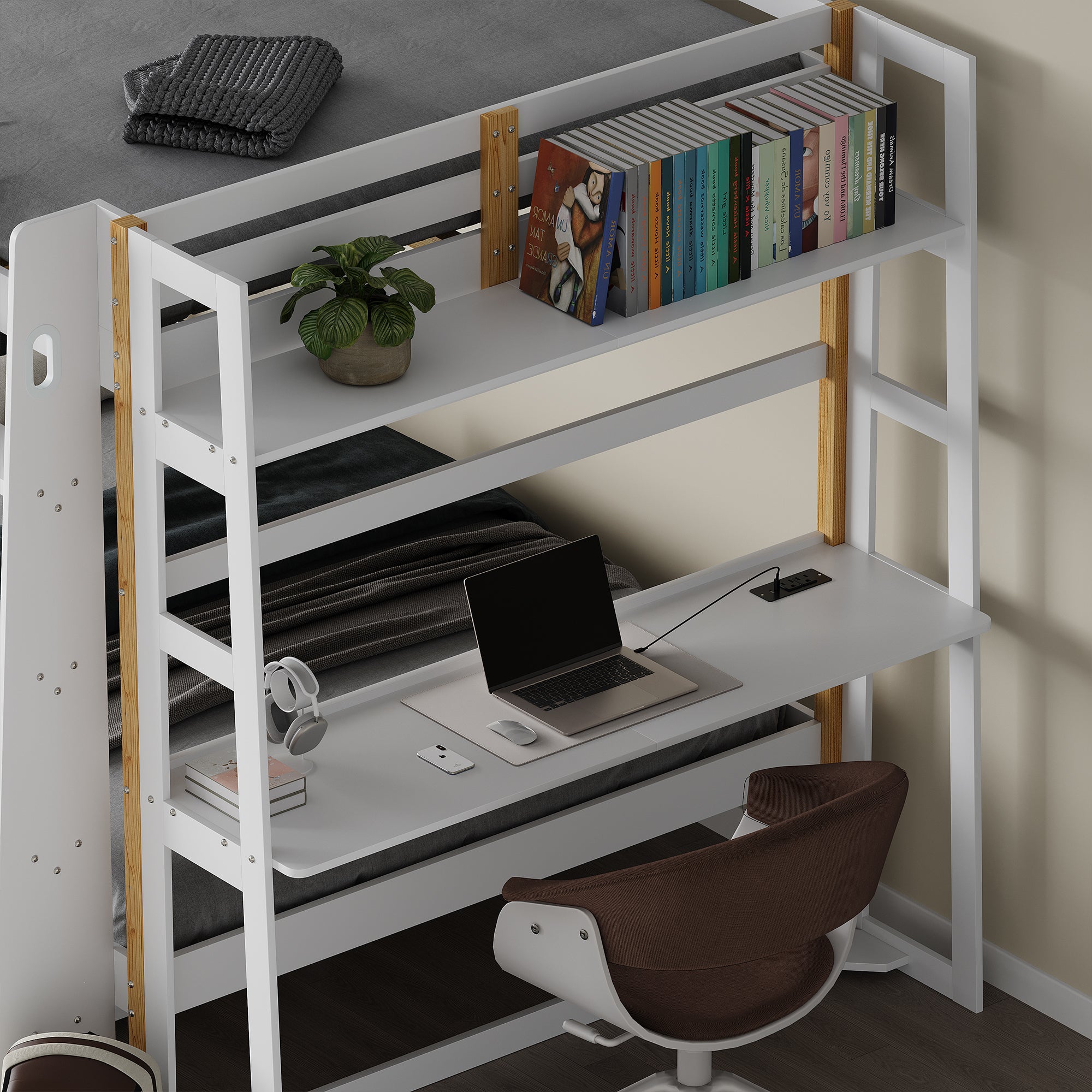 Advwin Solid Wood Bunk Bed with Desk & LED Lights