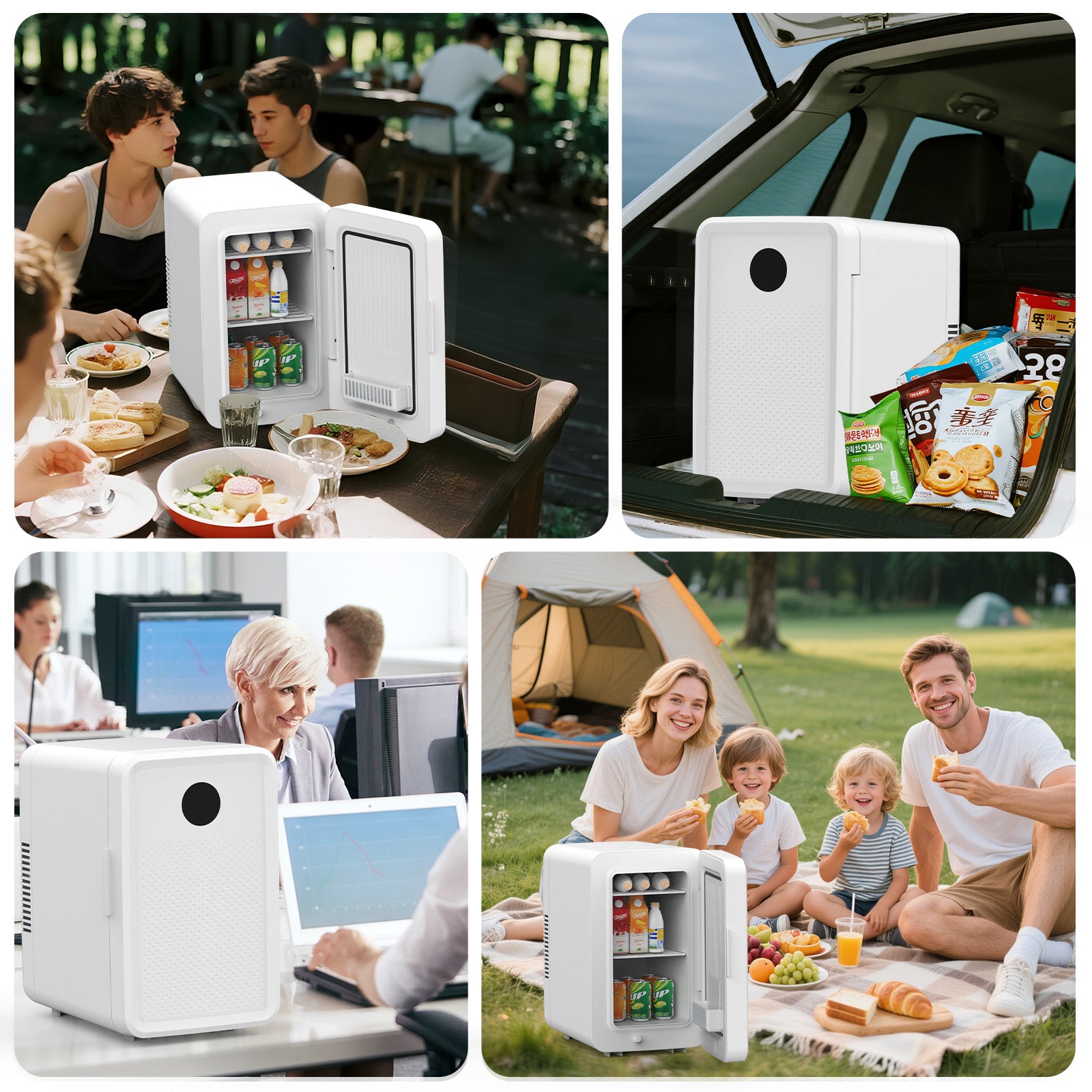Collage of a white portable refrigerator used in various settings including a picnic, car trunk, and office.