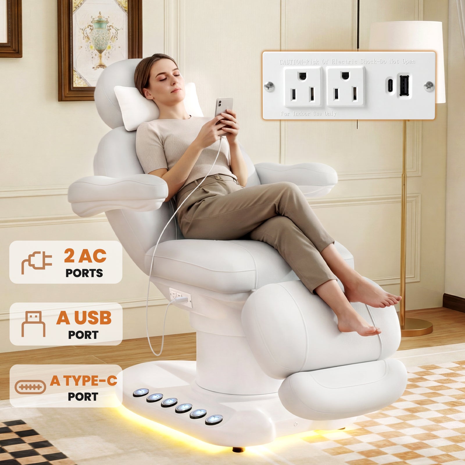 Woman using a smartphone in a massage chair with electrical outlets and ports displayed.