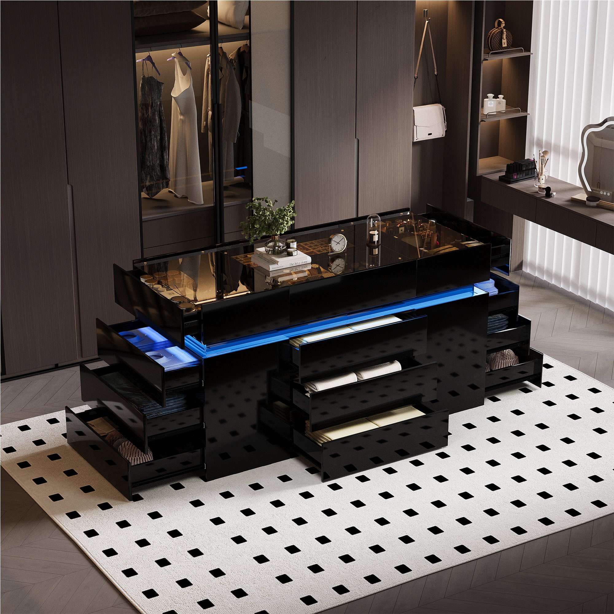 Advwin Luxury Glossy Closet Island with 16 Drawers