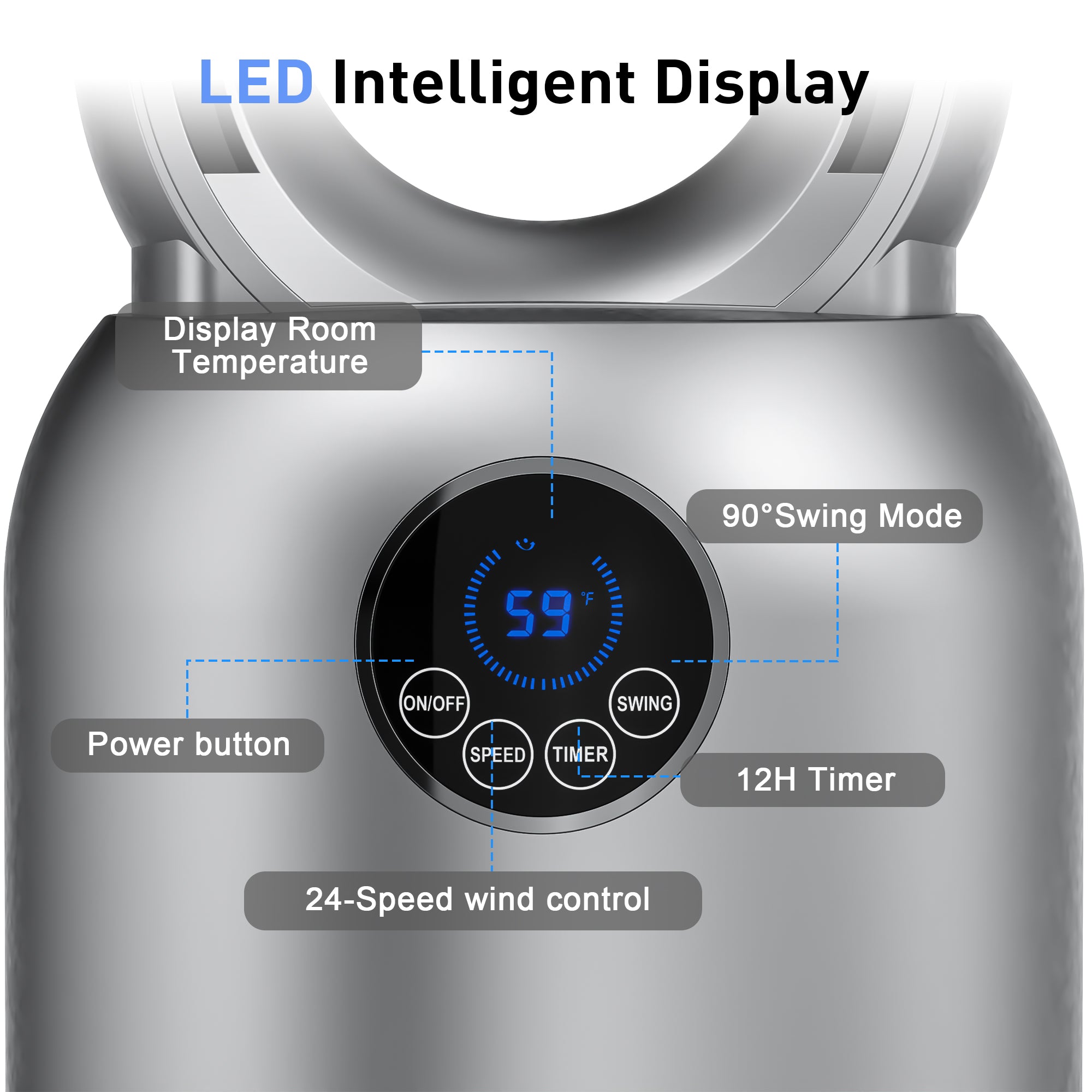 Silver air purifier with digital display and control buttons on a white background