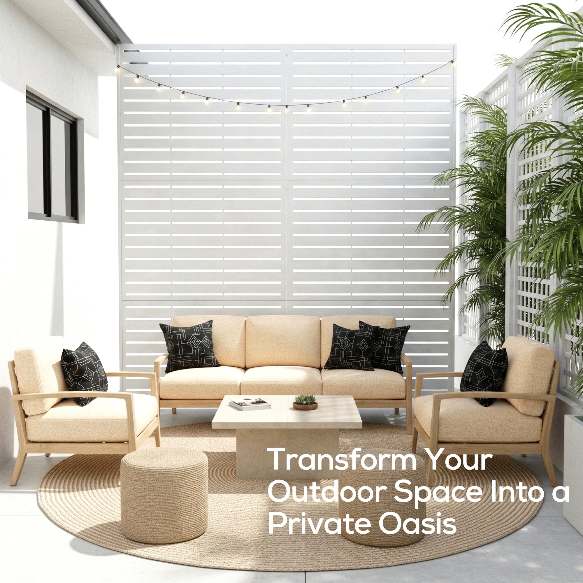 Outdoor patio with beige furniture, table, and plants with text 'Transform Your Outdoor Space Into a Private Oasis'.
