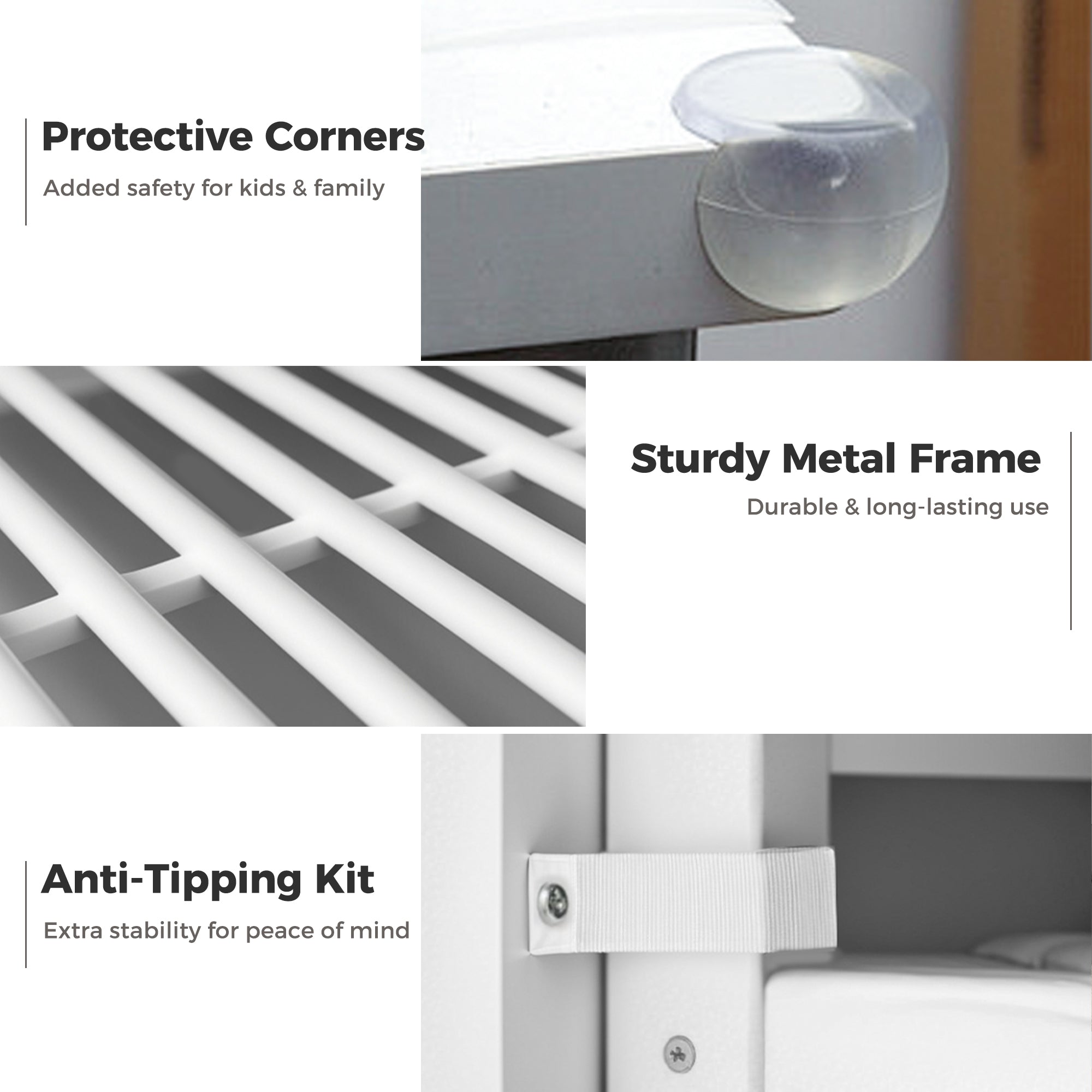 Bed safety features with protective corners, sturdy metal frame, and anti-tipping kit on a white background.