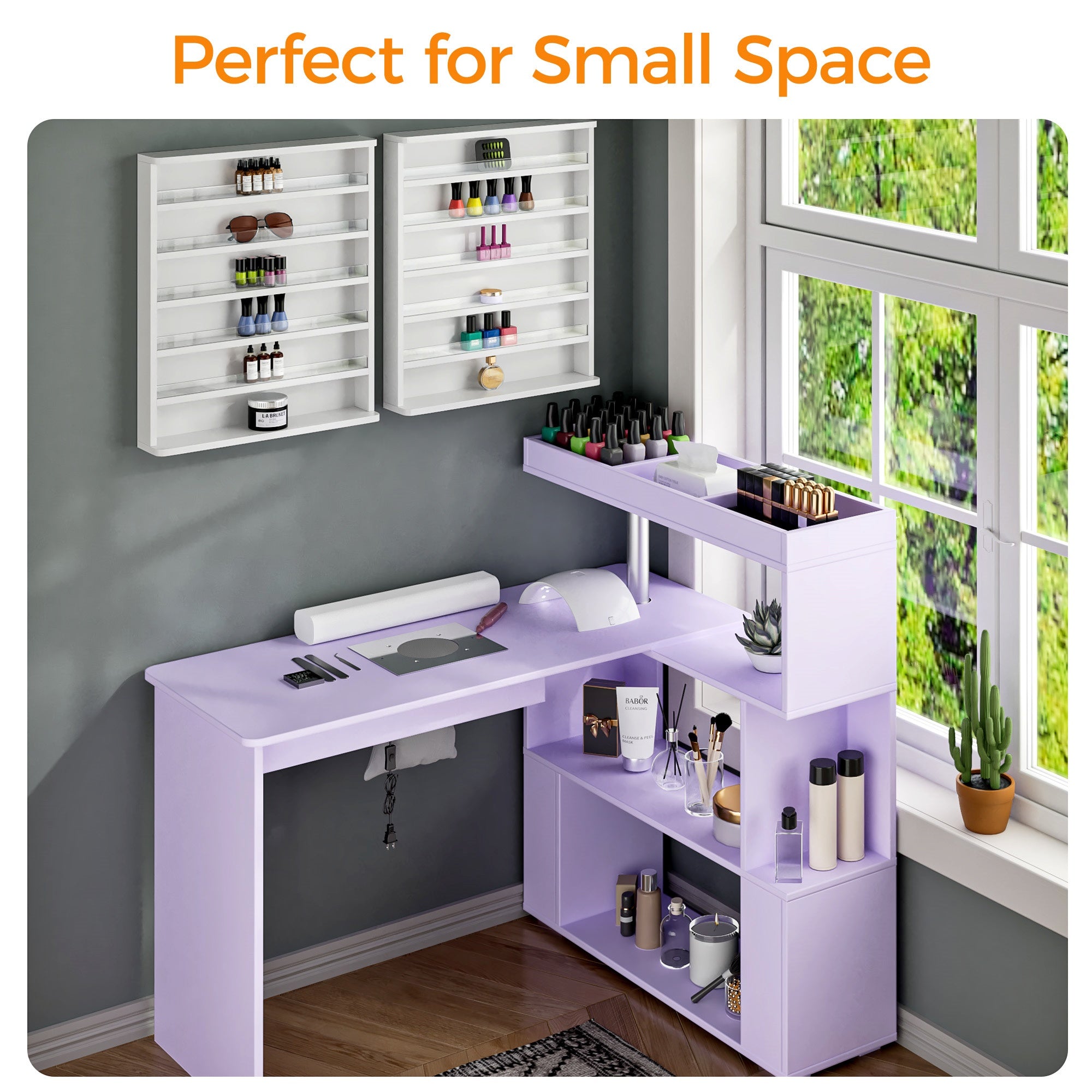 Advwin L-Shaped Rotating Nail Desk with Dust Collector Purple