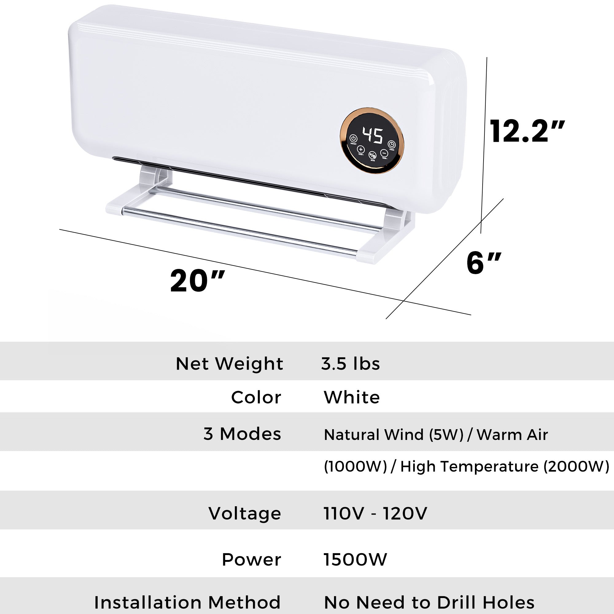 White electric space heater with dimensions and specifications on a white background