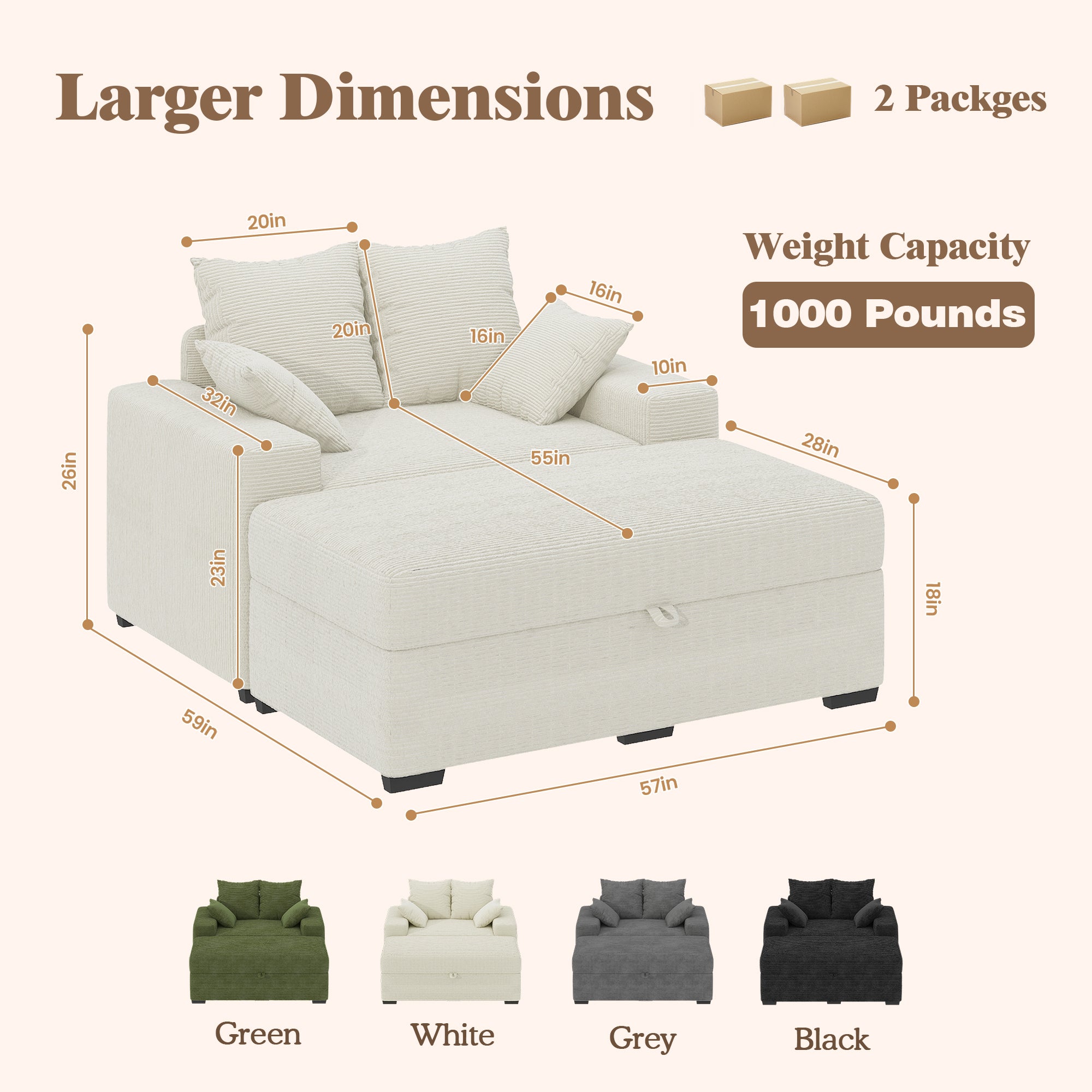 Advwin Chaise Lounge with Storage Ottoman Medium-Rib