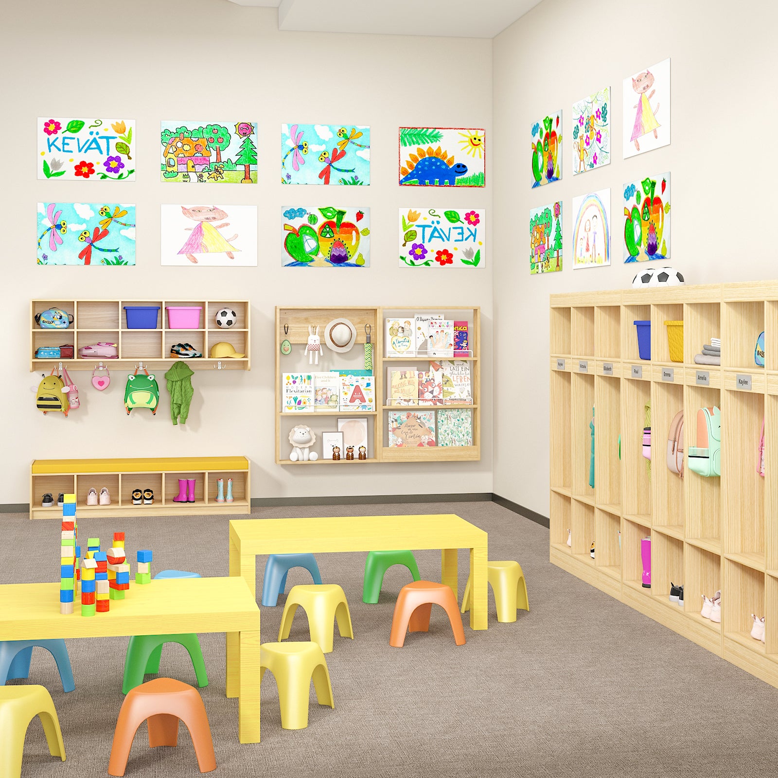 Colorful classroom with children's artwork on the wall, tables, and chairs.