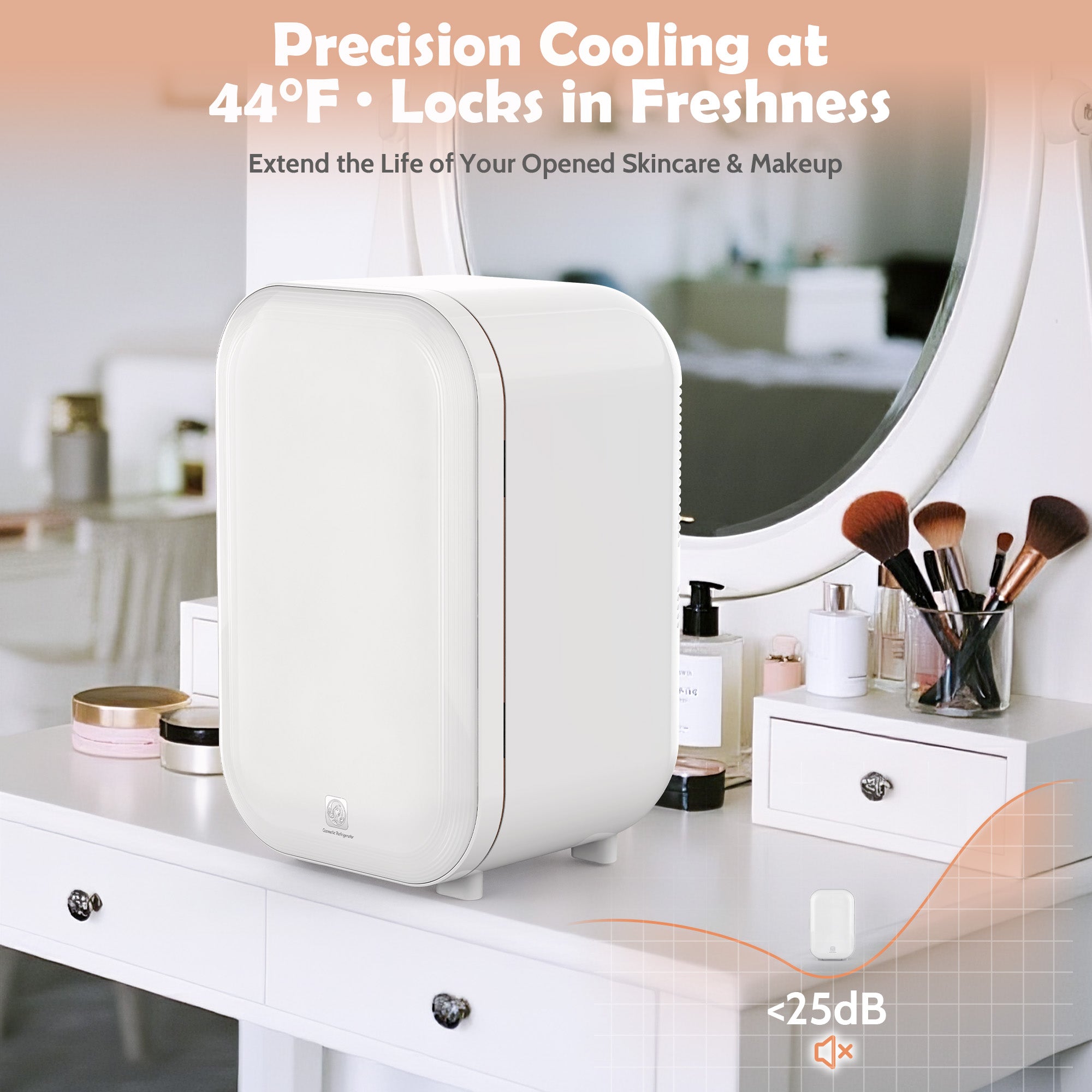 White electronic device on a vanity table with makeup and skincare products, featuring text about precision cooling.