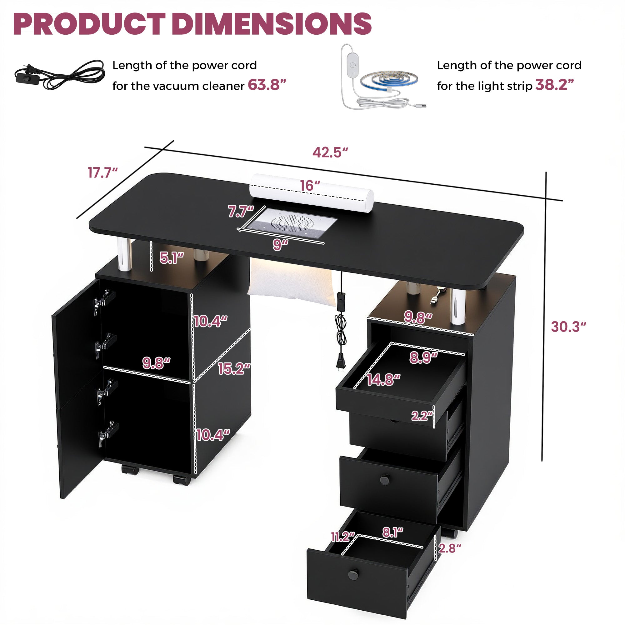 Advwin Nail Table w/ Dust Collector & Lockable Wheels