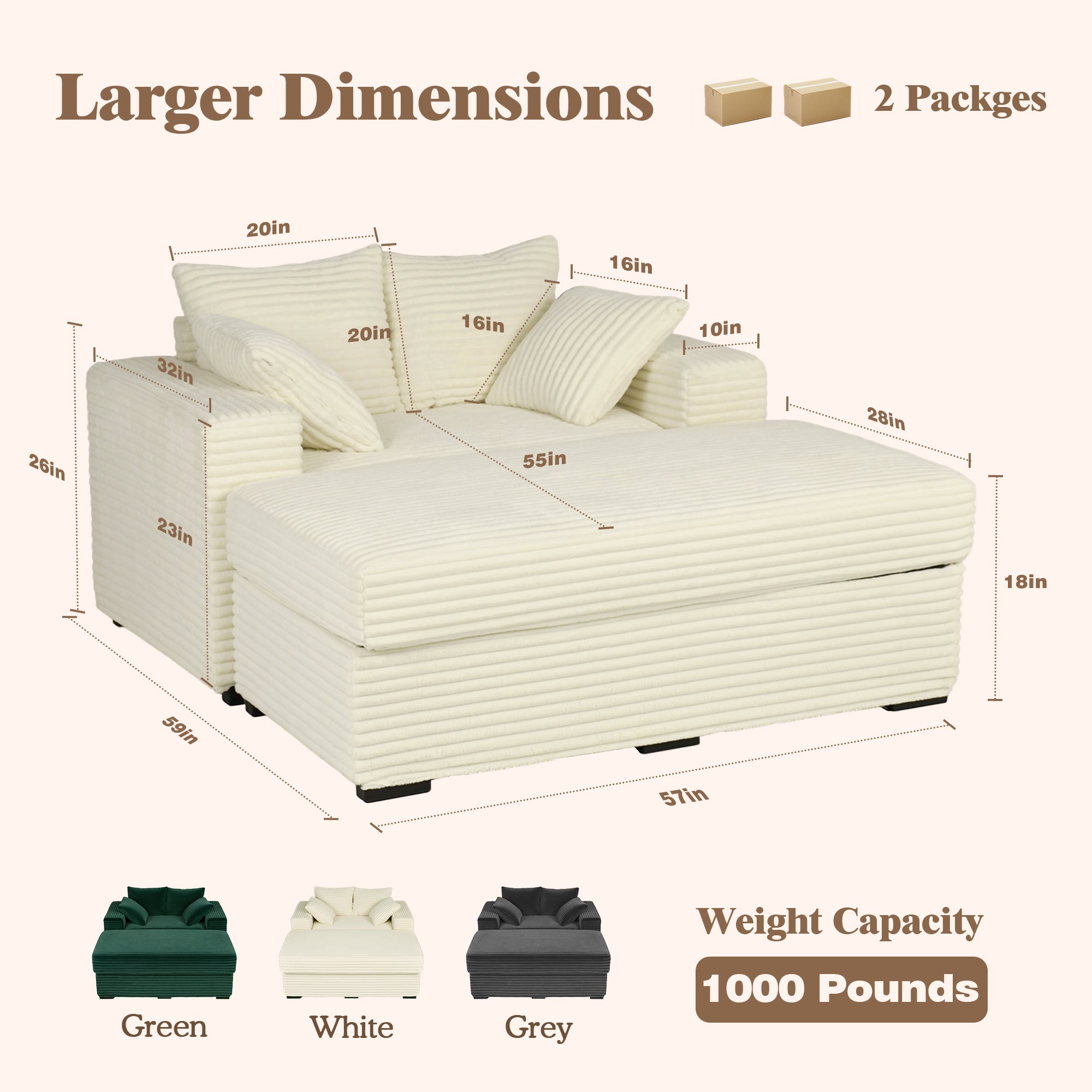 Advwin Chaise Lounge with Storage Ottoman Wide-Rib