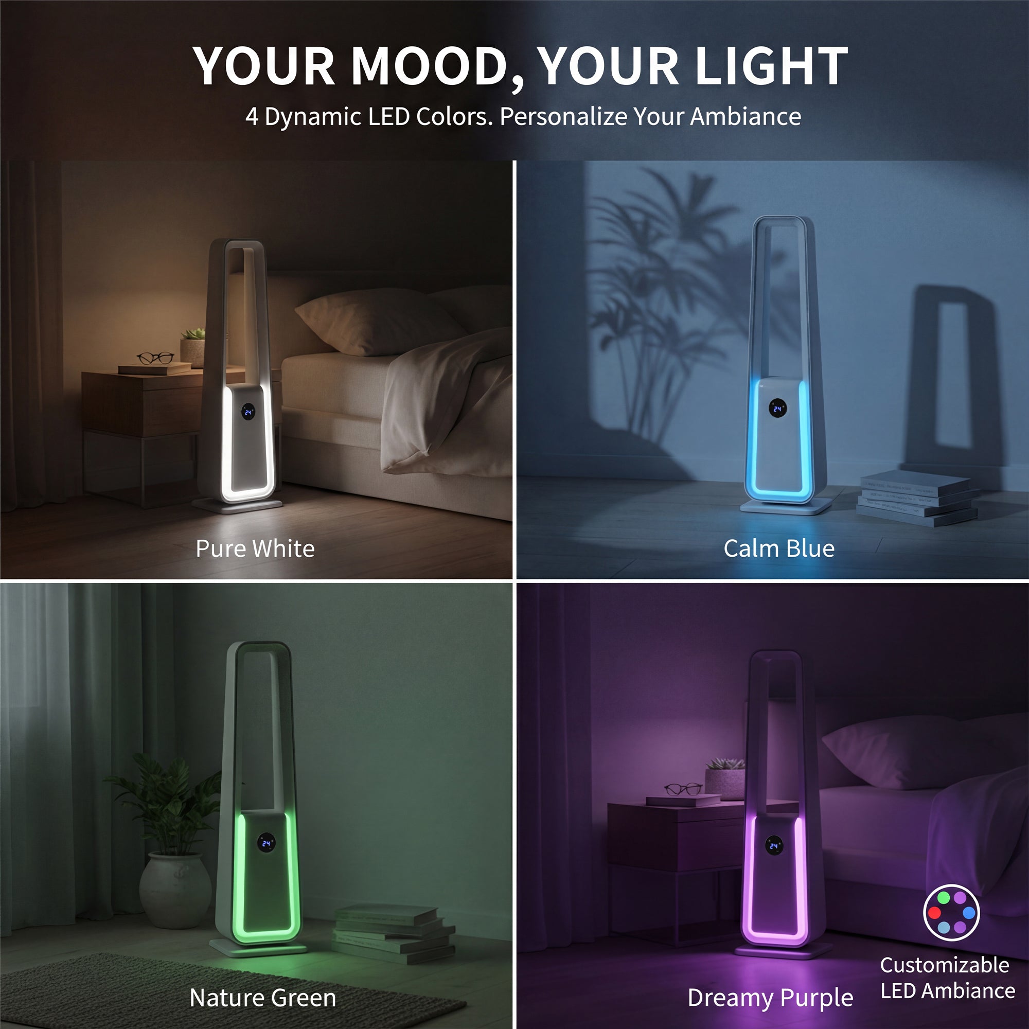 Collage of a standing lamp with dynamic LED colors in various settings.