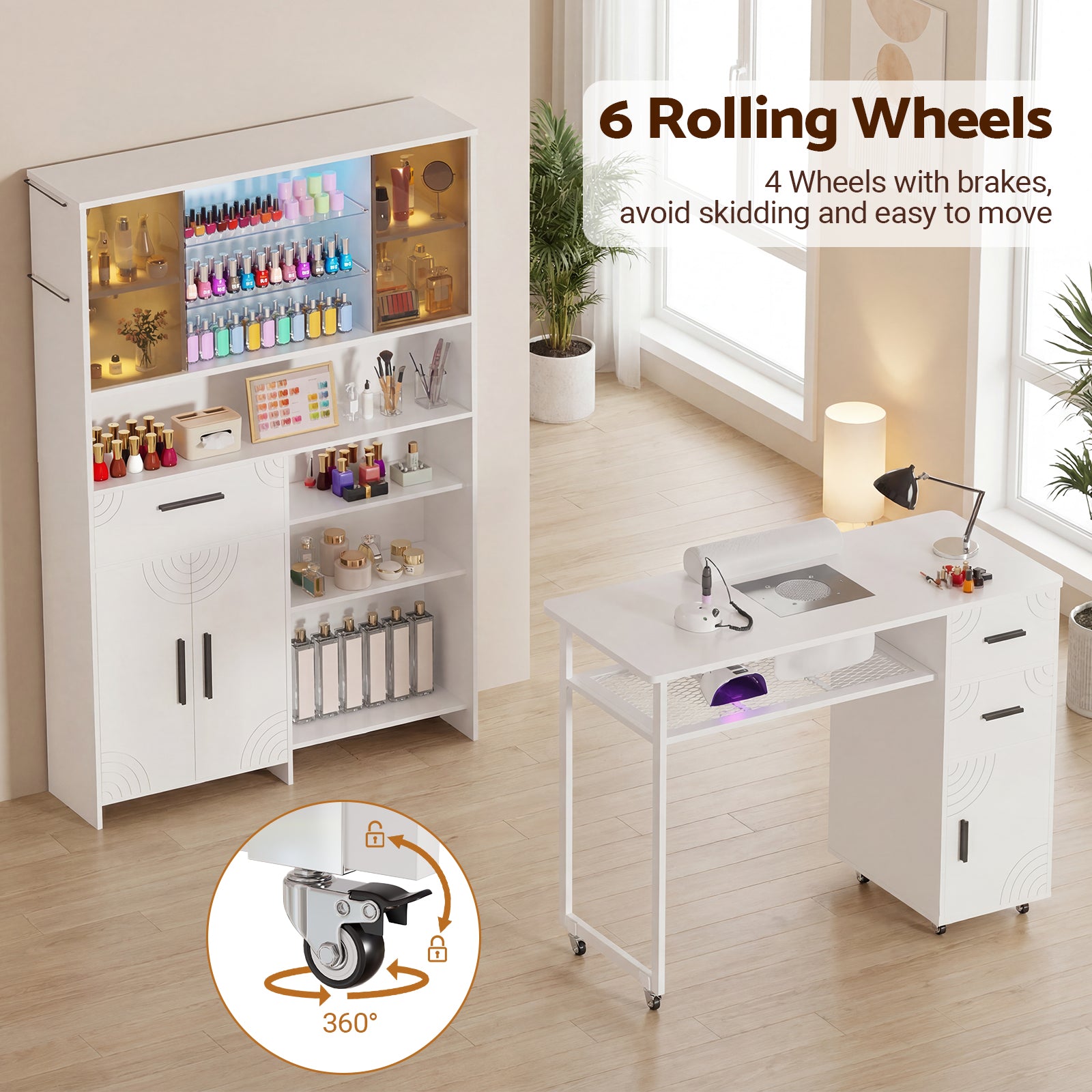 Advwin Nail Table w/ Double Tabletop & 3 Adjustable Shelves