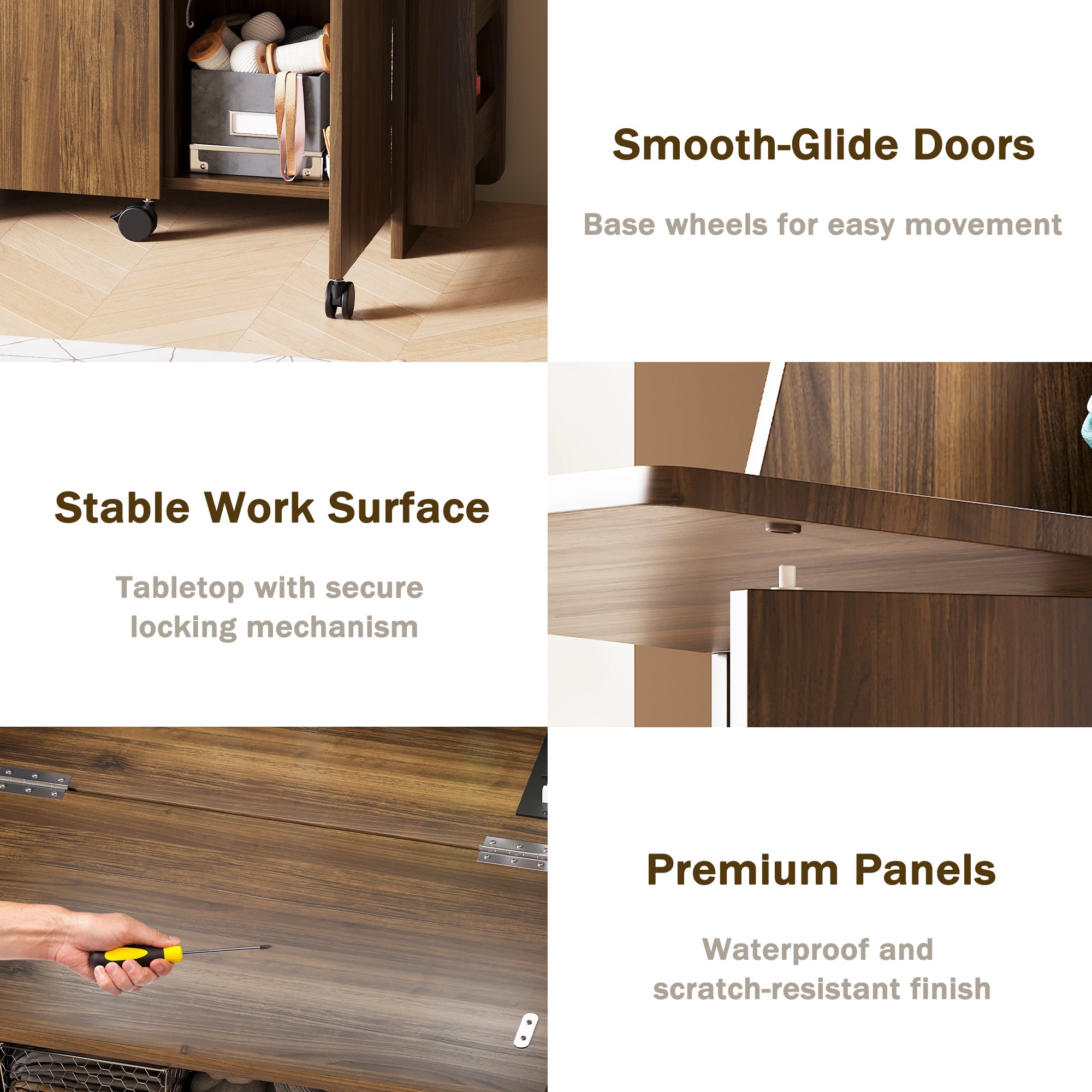 Wooden furniture with features highlighted: smooth-glide doors, stable work surface, and premium panels.