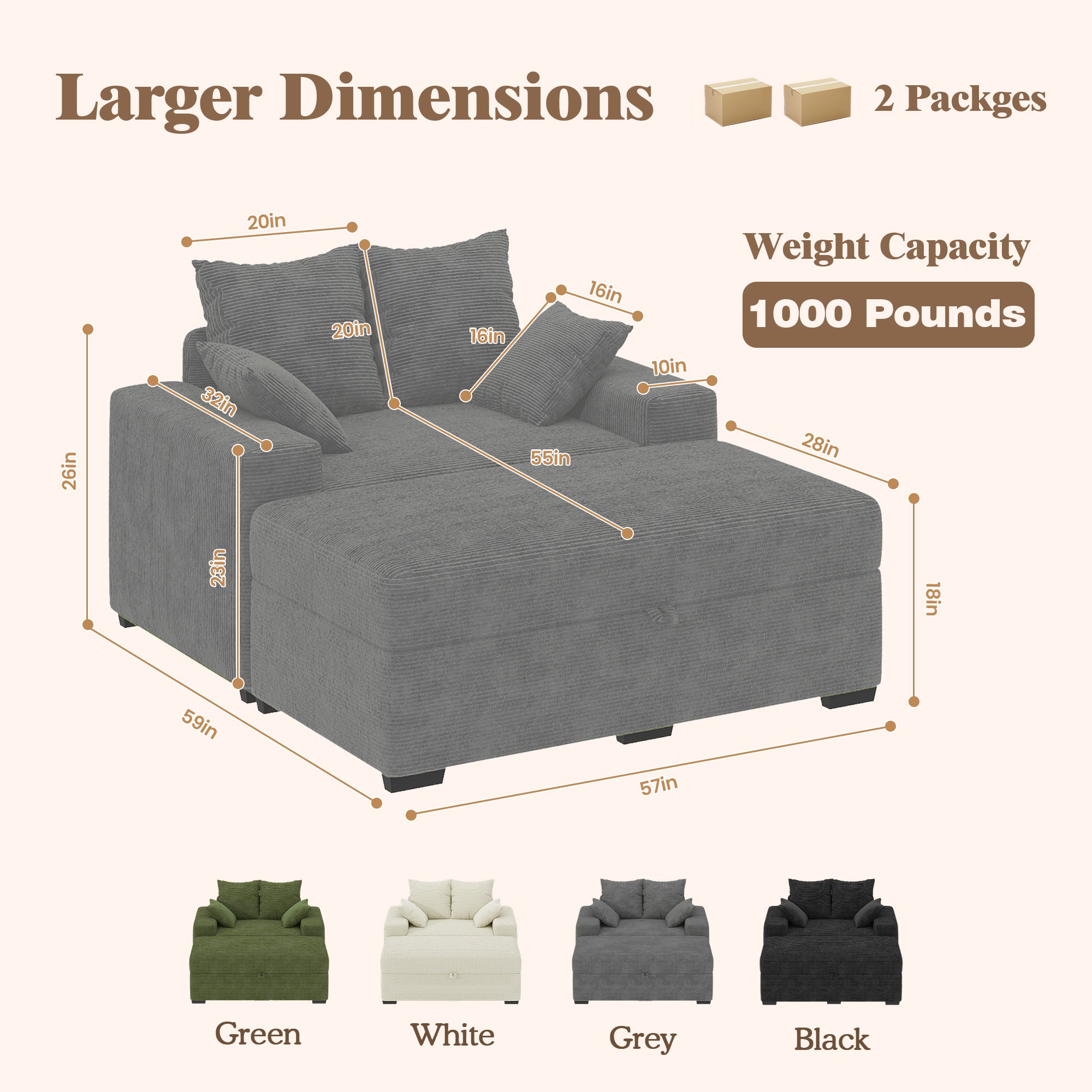 Advwin Chaise Lounge with Storage Ottoman Medium-Rib