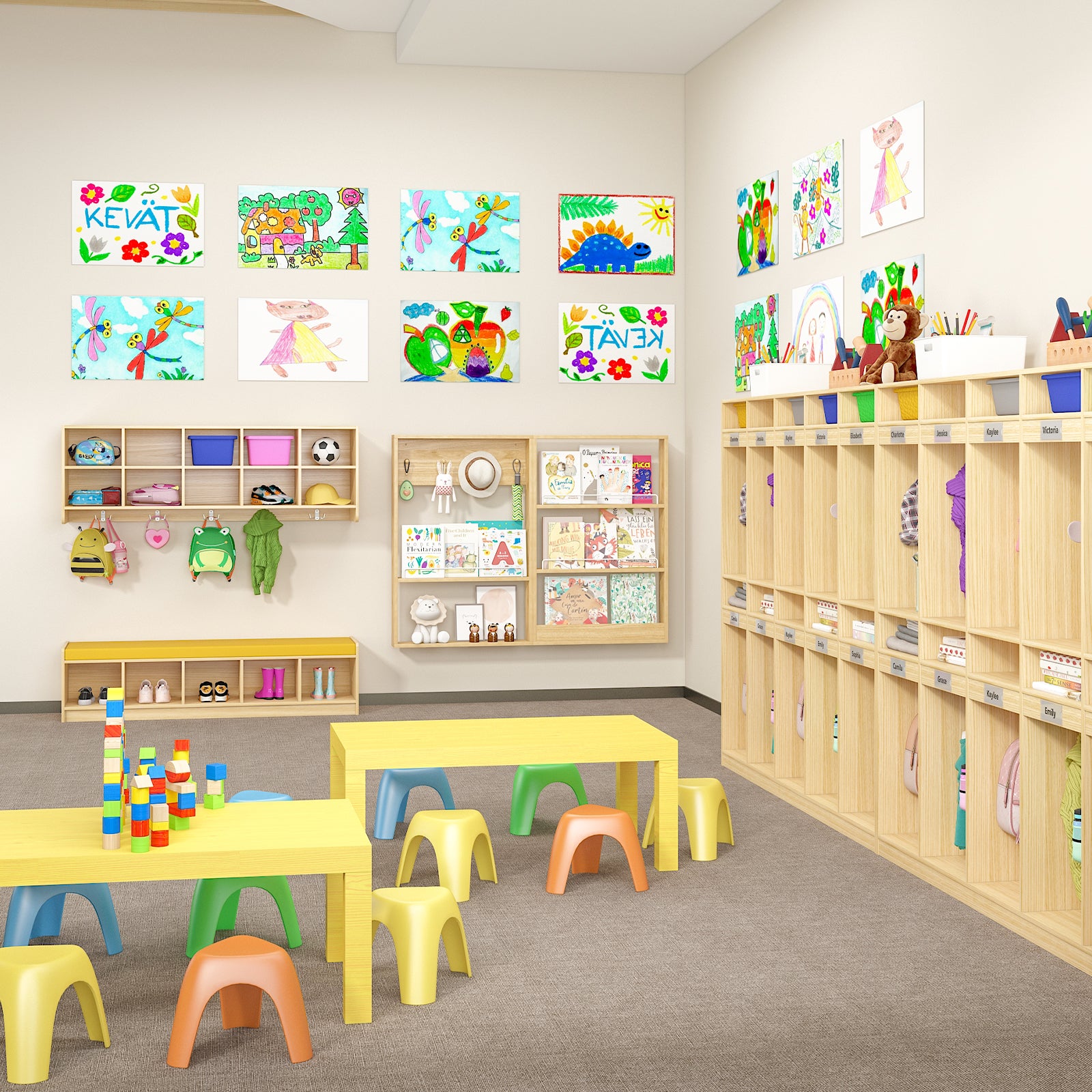 Colorful classroom with children's artwork on the walls, tables, and shelves.