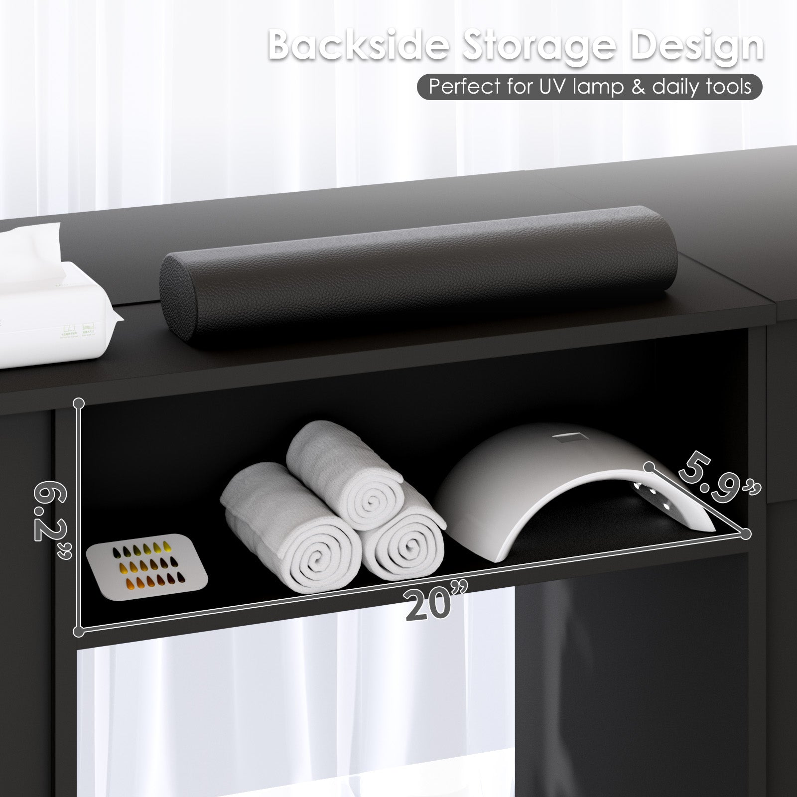 Black storage cabinet with UV lamp and rolled-up towels on a white background