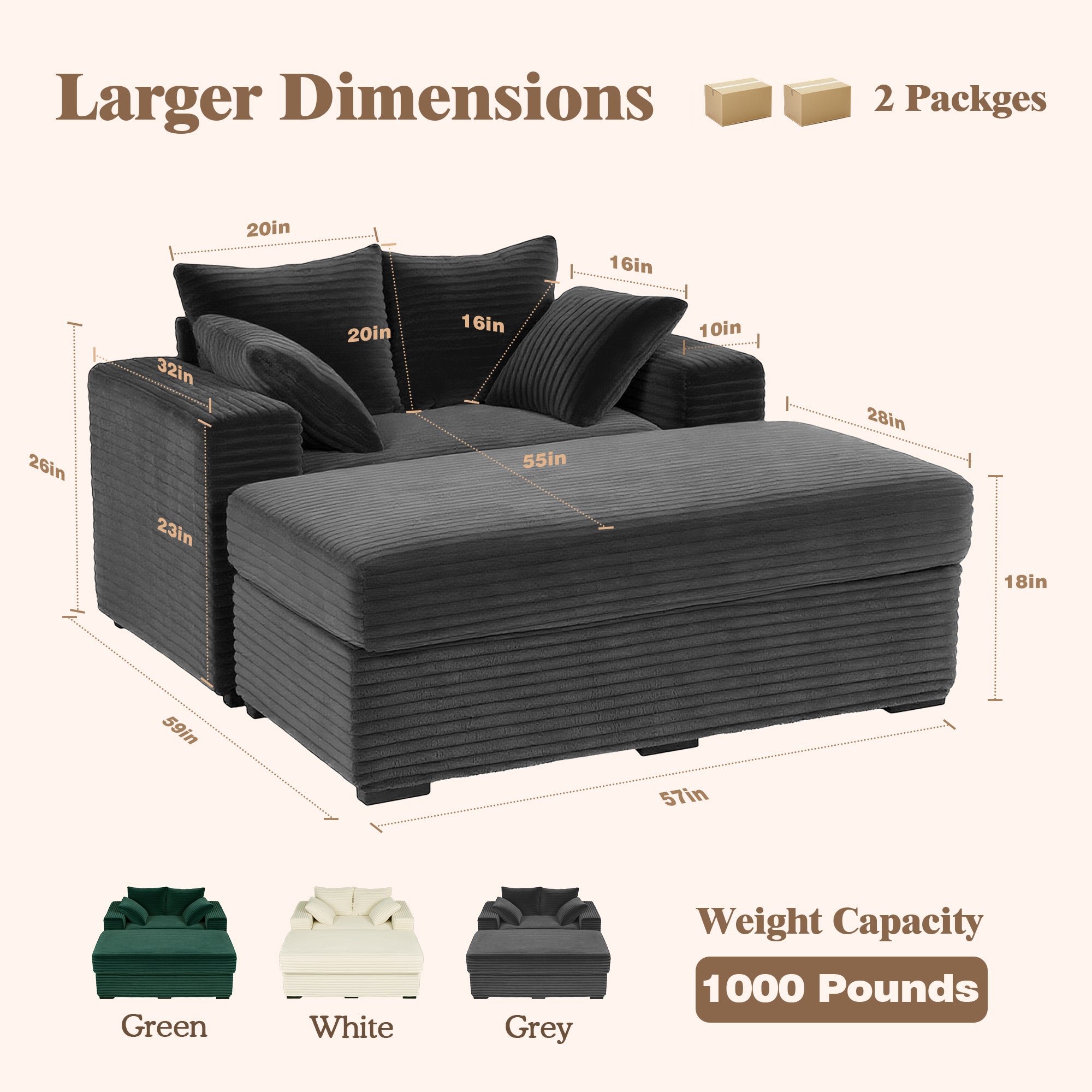 Advwin Chaise Lounge with Storage Ottoman Wide-Rib