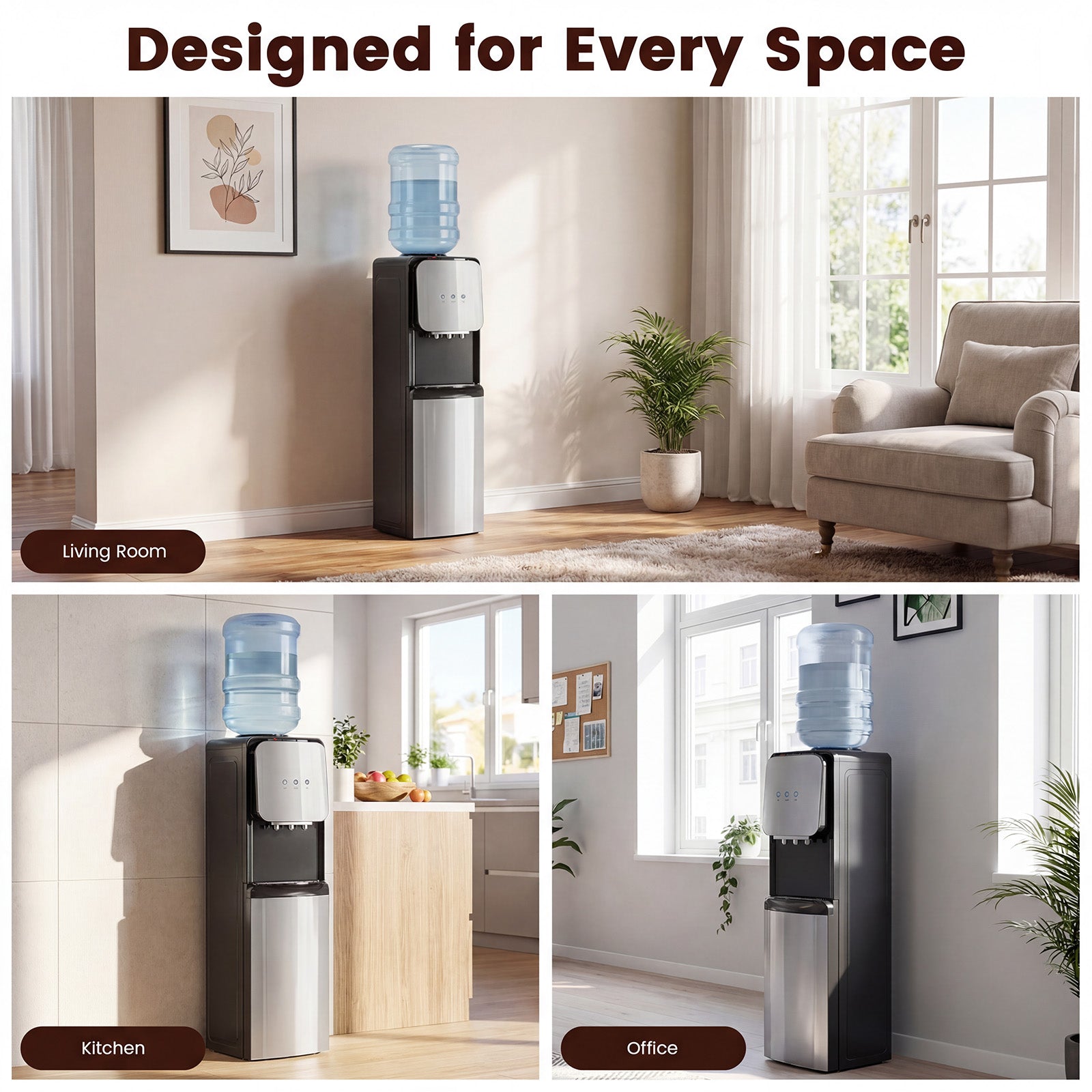 Water cooler in living room, kitchen, and office settings with text 'Designed for Every Space'.