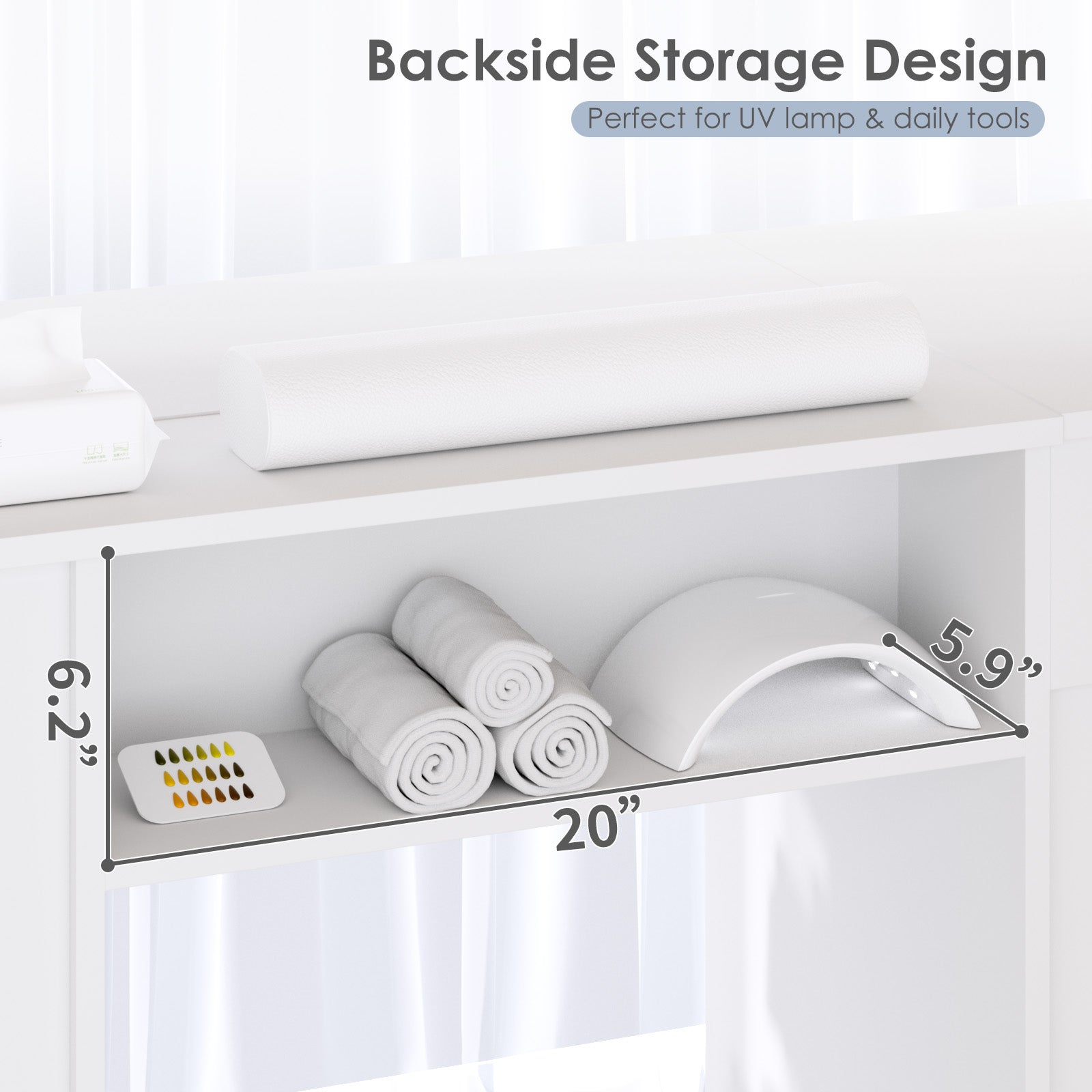 Backside storage design with shelves and measurements for a UV lamp and daily tools.