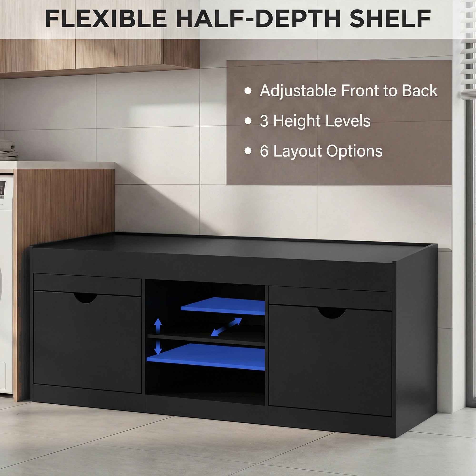 Black TV stand with flexible half-depth shelf in a room setting