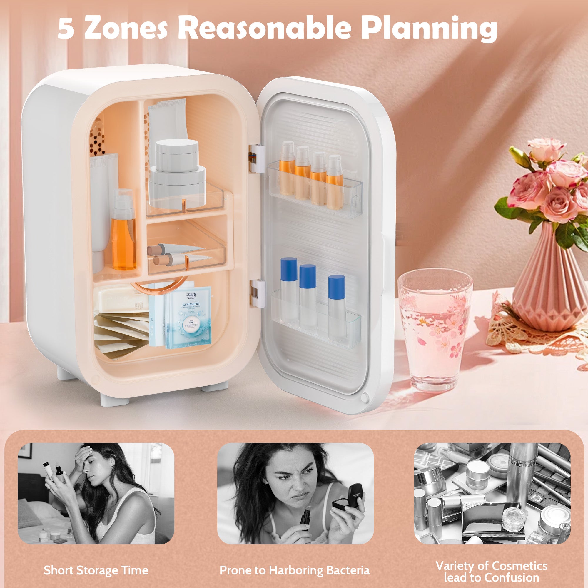 Small refrigerator with cosmetic items on a table with a glass of water and flowers.