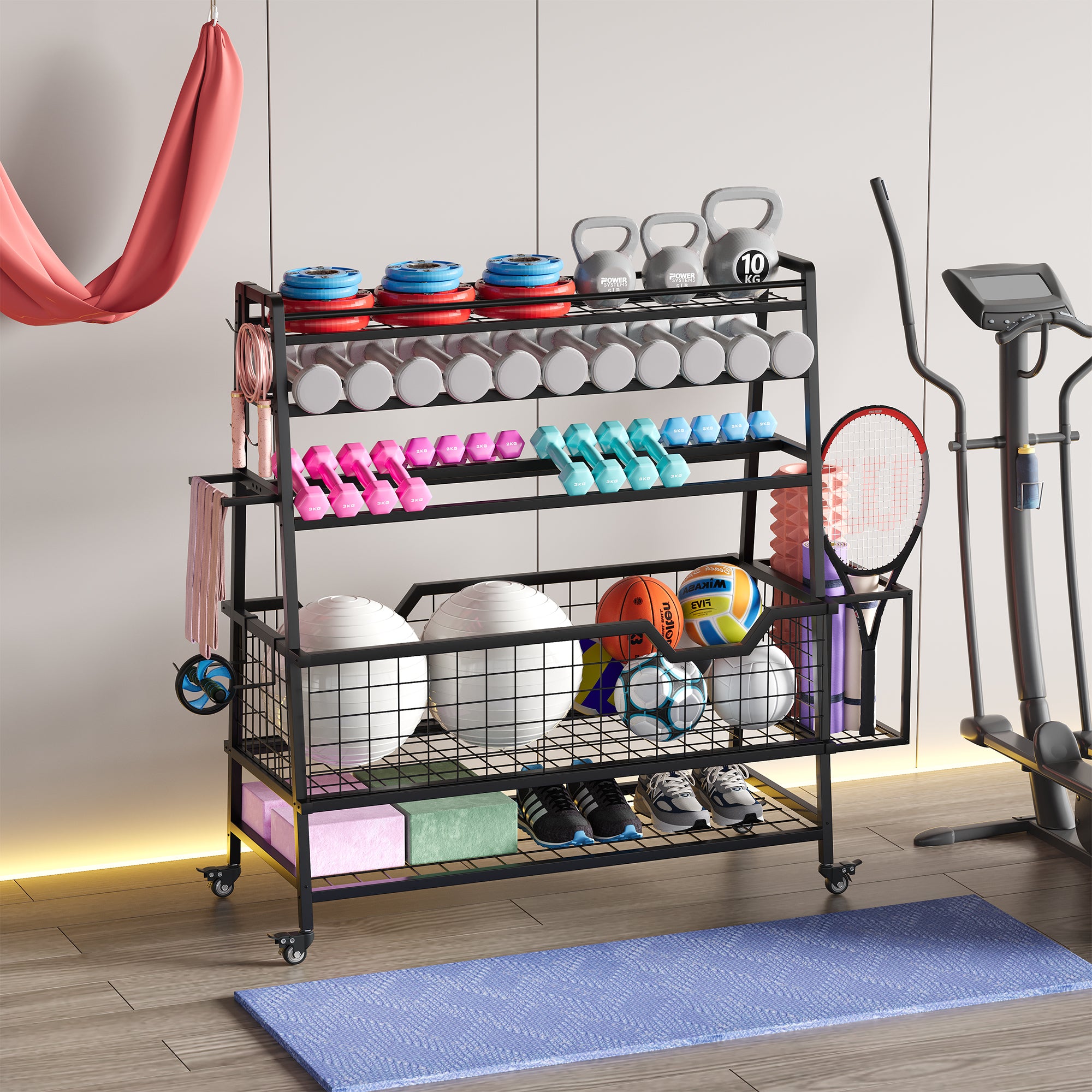 Multifunctional exercise equipment storage cart with various items in a home gym setting.