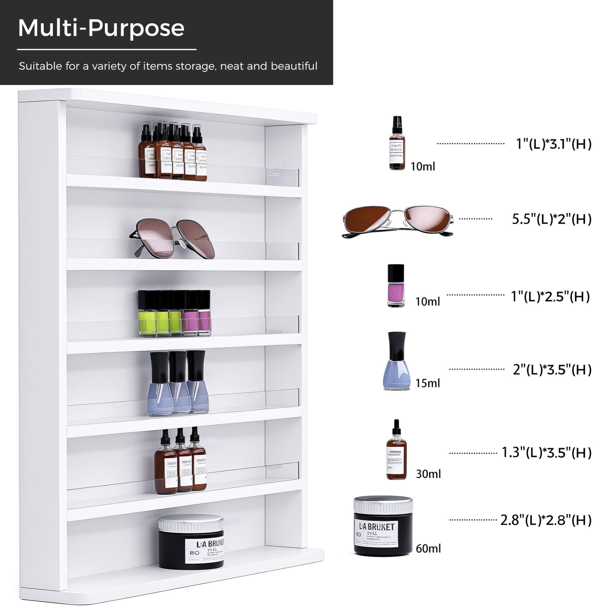 White multi-purpose storage shelf with various items and measurements displayed.