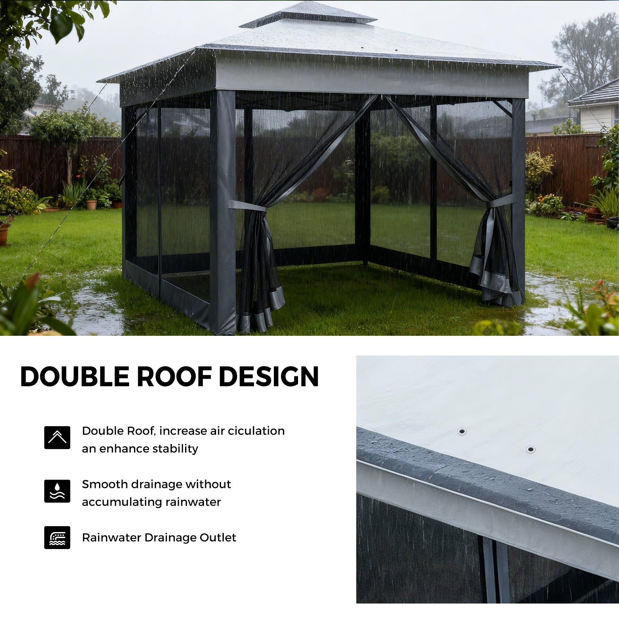 Outdoor gazebo with double roof design in a garden setting