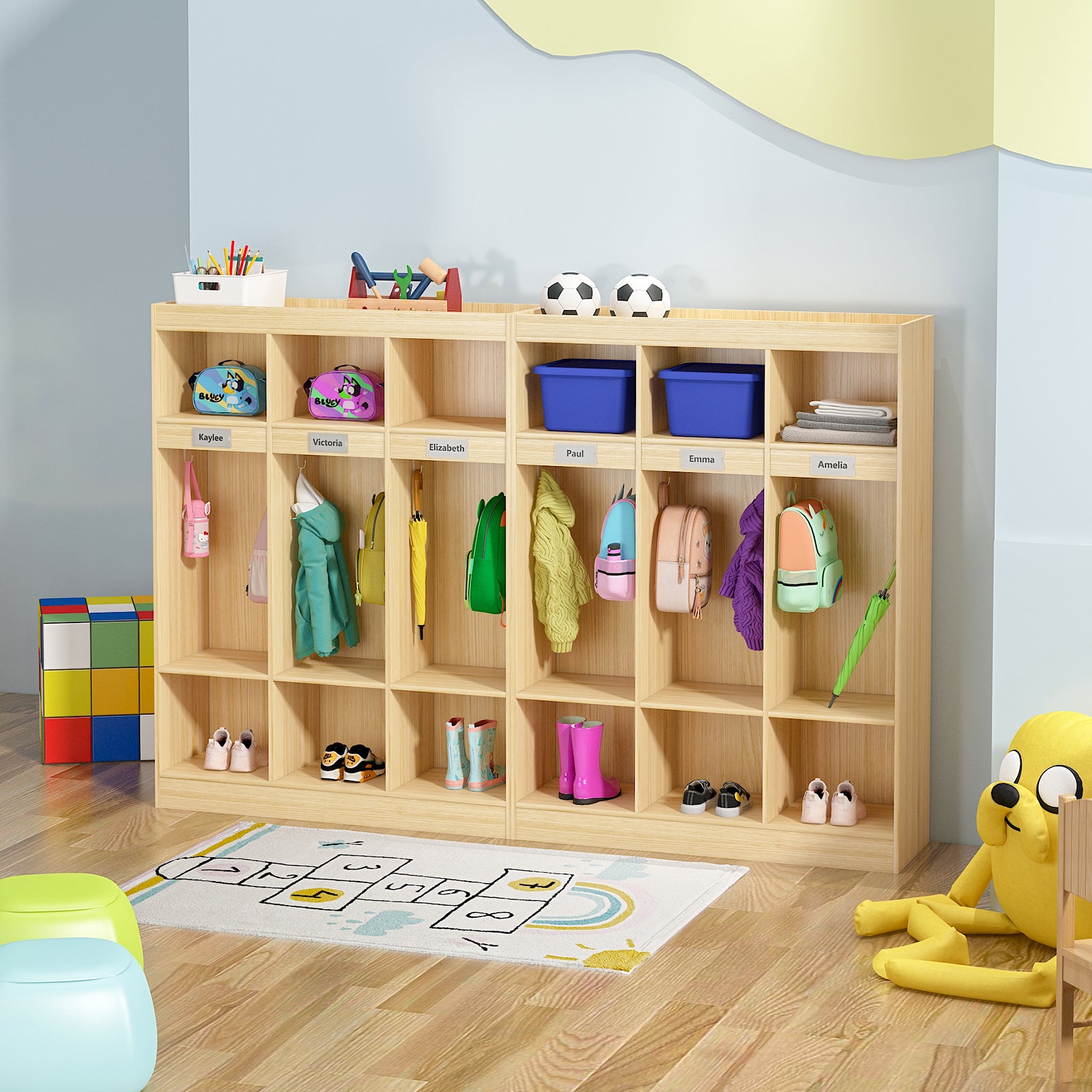Children's locker with various toys and items in a playroom setting.