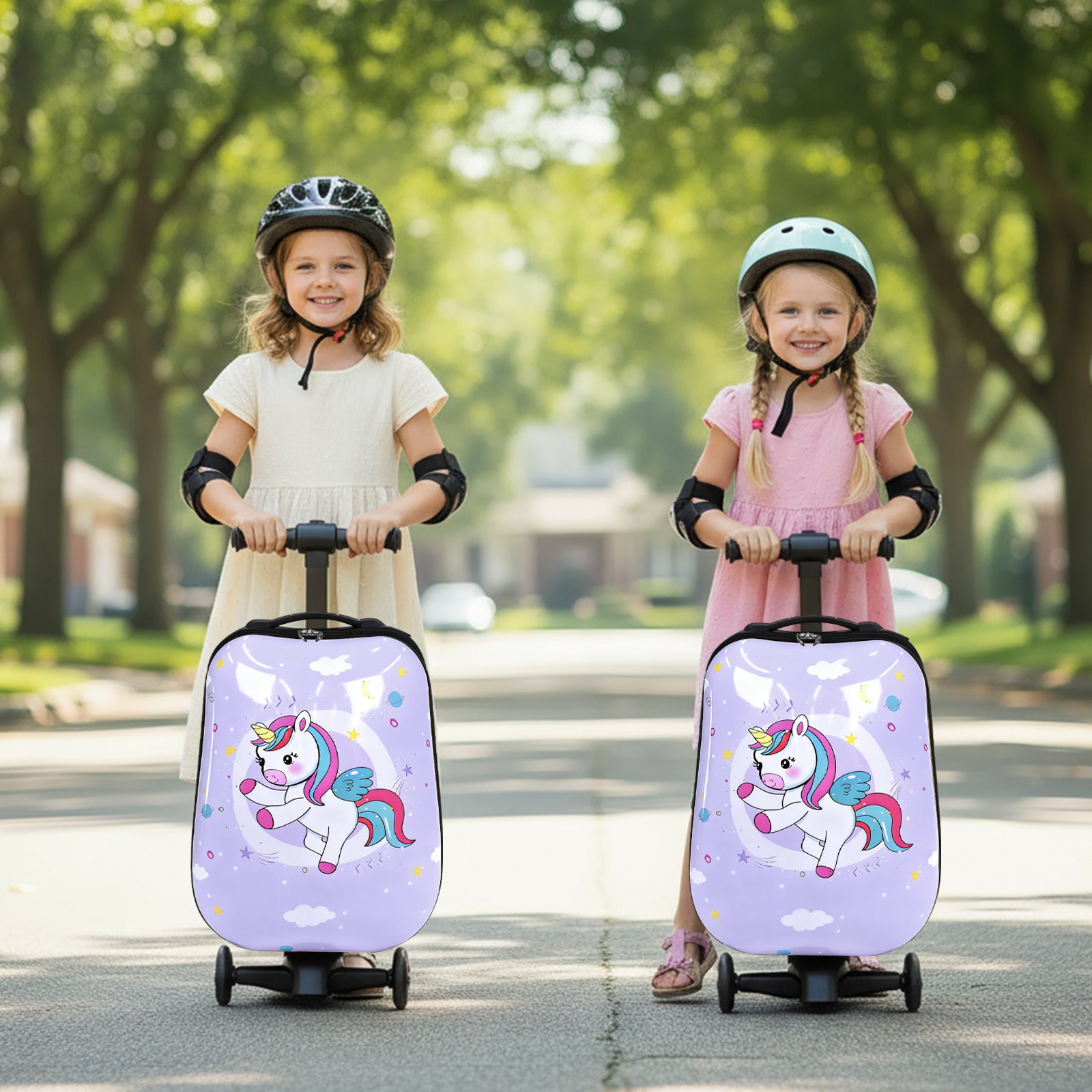 Two children with purple suitcases featuring unicorn designs outdoors.