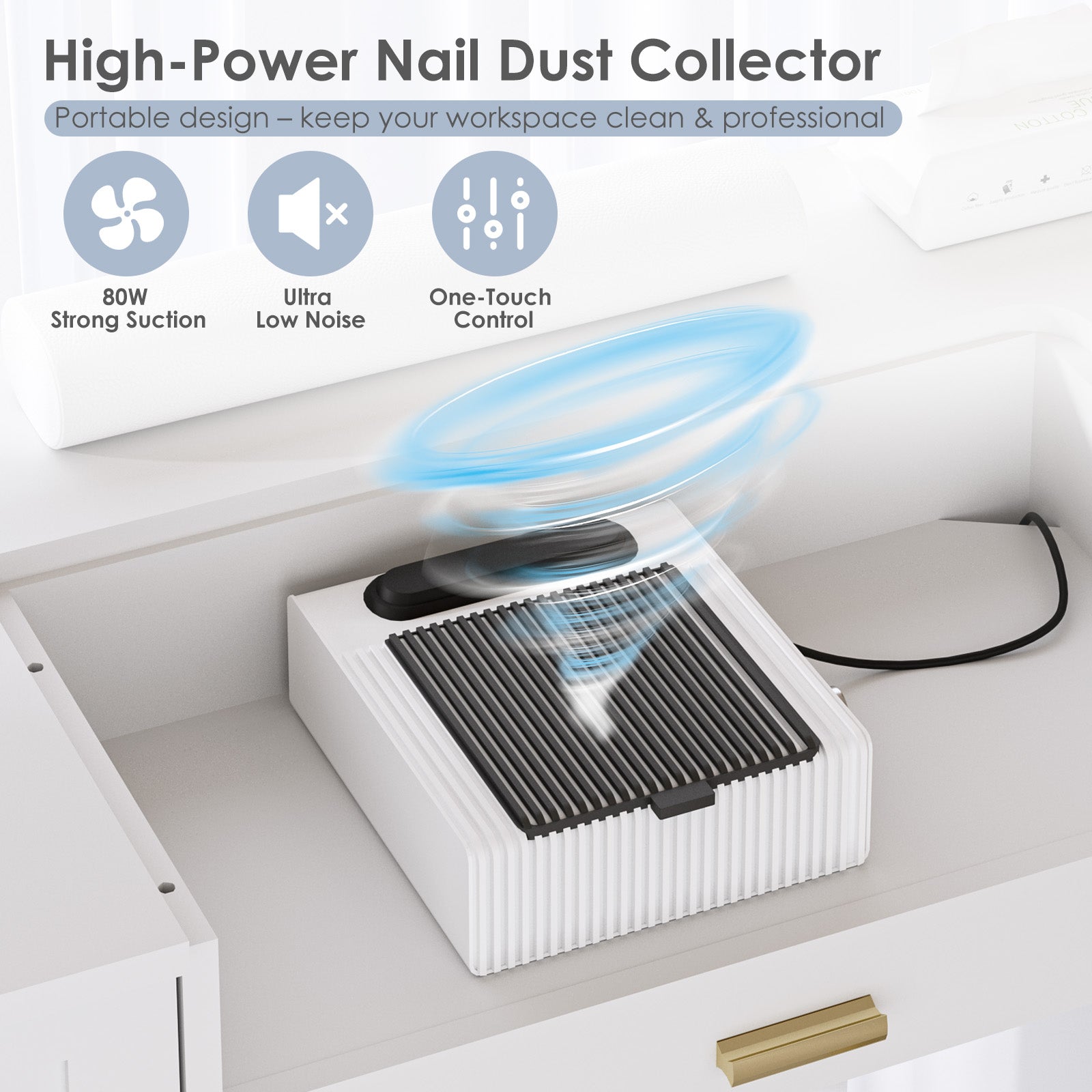 High-power nail dust collector with features highlighted on a white background