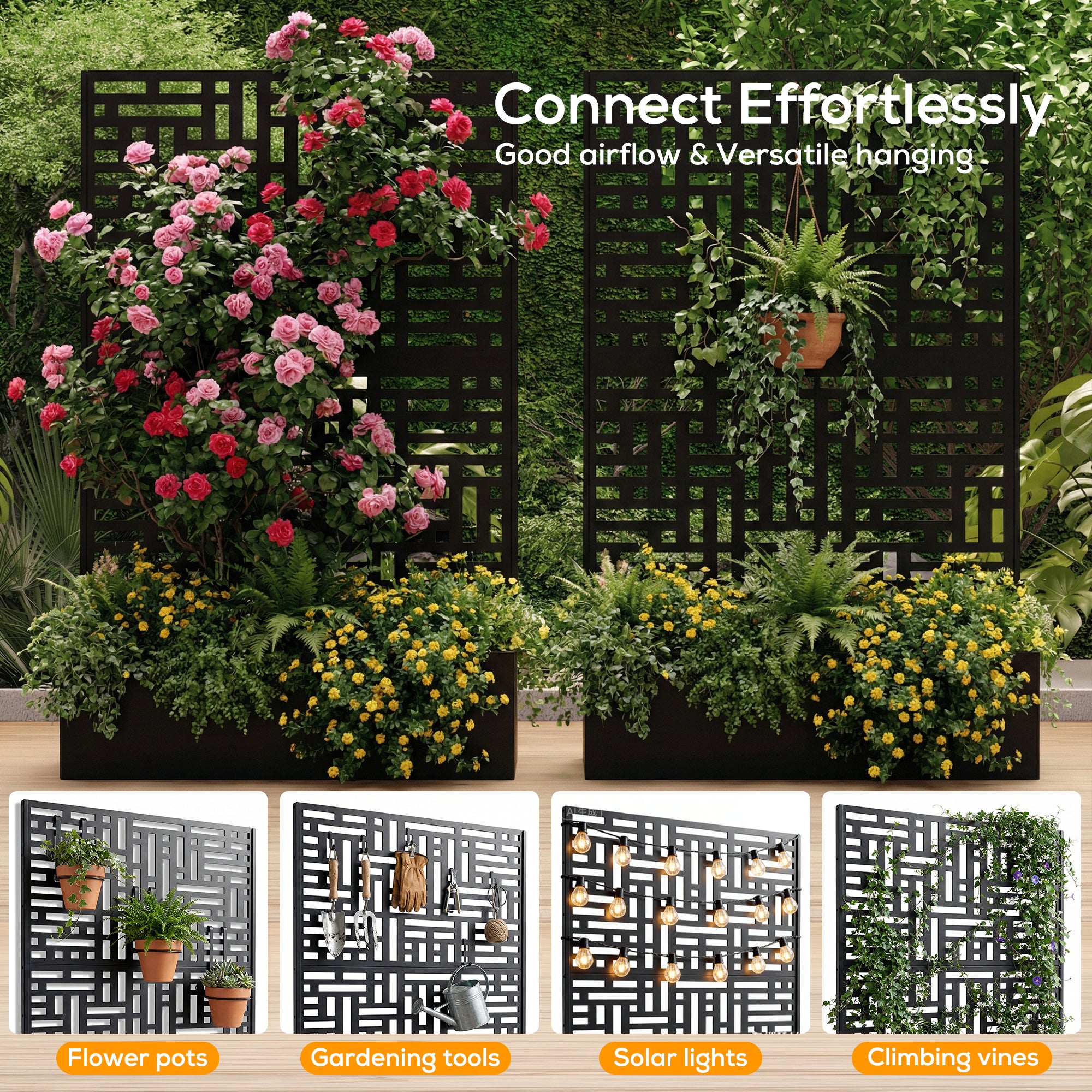 Garden screen with plants and text 'Connect Effortlessly' on a wooden surface.