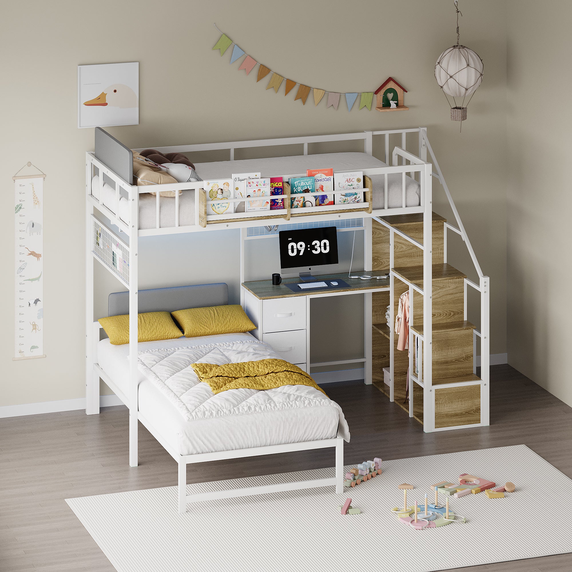 Children's room with a white loft bed with desk and staircase, books, and toys on a wooden floor.