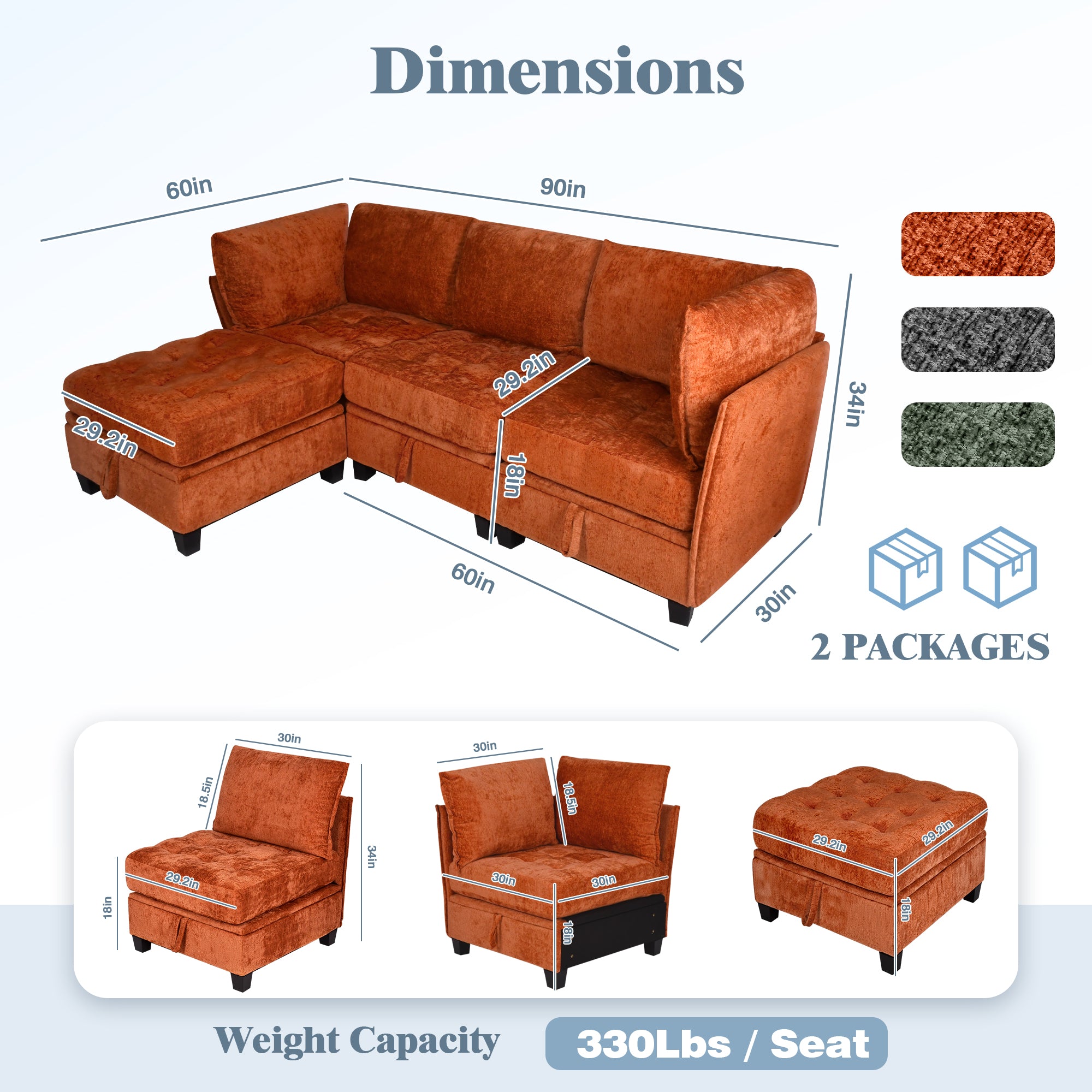 Brown sectional sofa with dimensions and color options displayed.