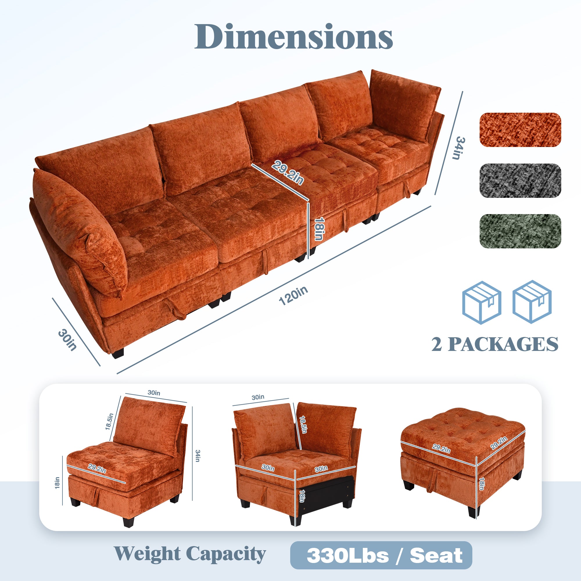 Orange sectional sofa with dimensions and weight capacity information on a white background