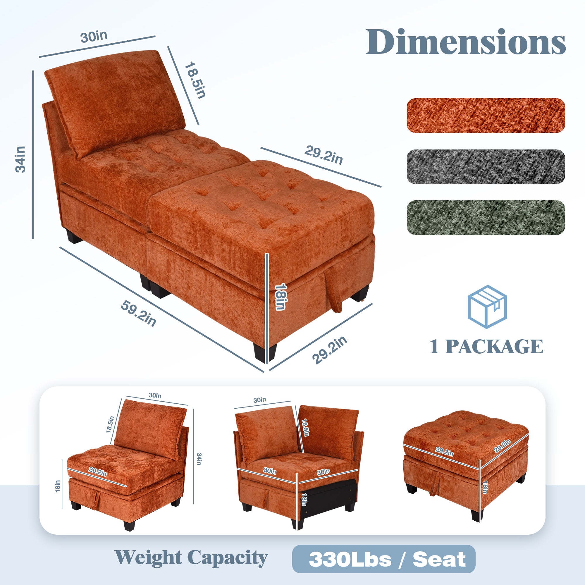 Orange upholstered chair with ottoman, dimensions, color options, and weight capacity displayed.