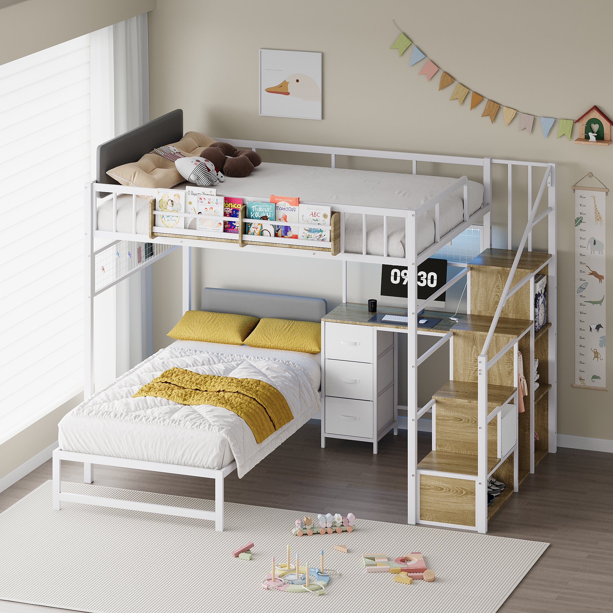 White metal bunk bed with desk and stairs in a room with toys on the floor.