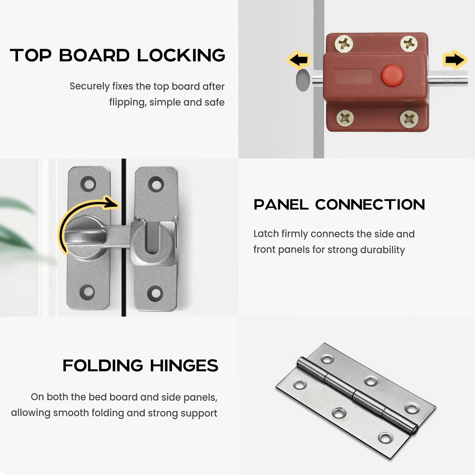 Bedroom furniture hardware components with text on top board locking, panel connection, and folding hinges.