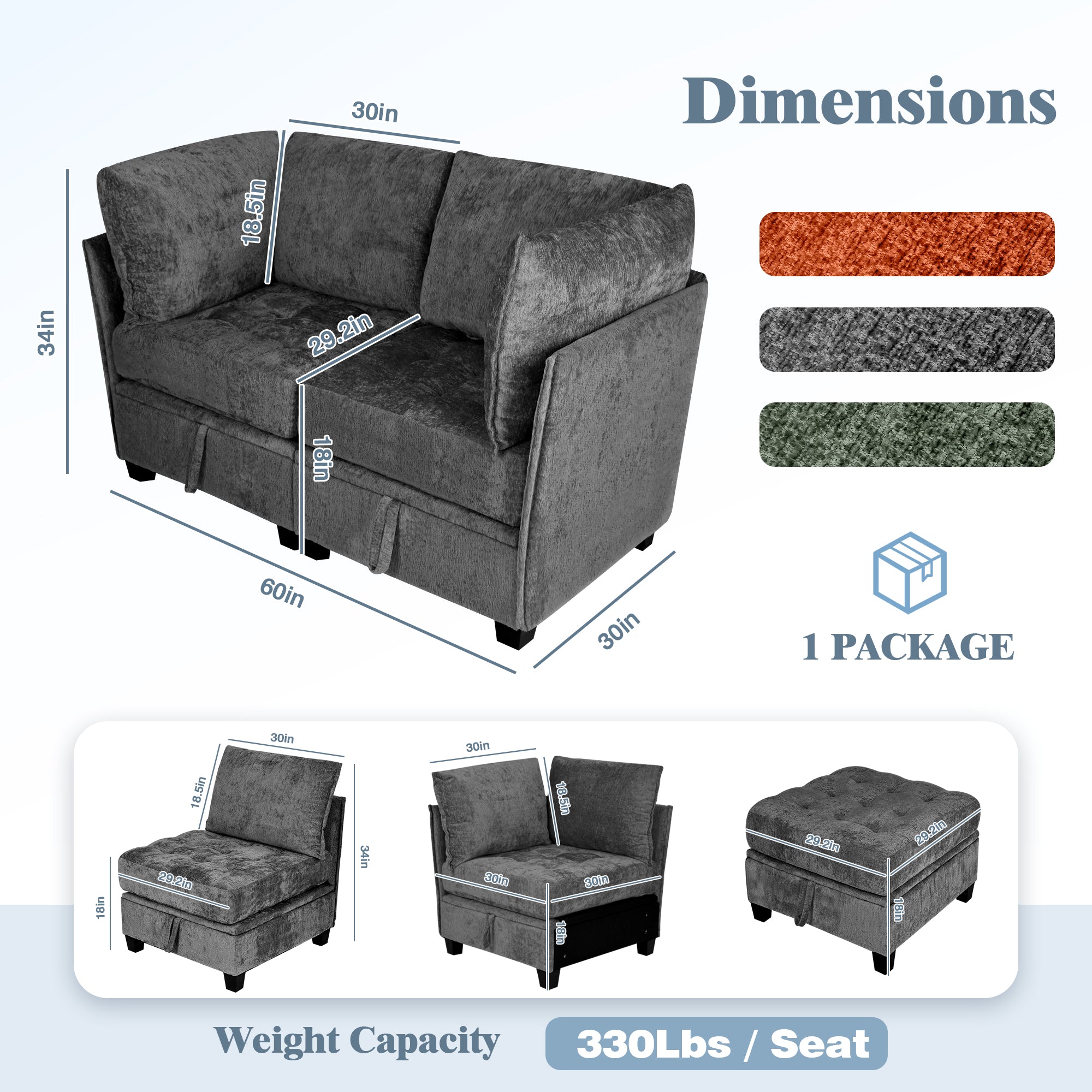 Gray sectional sofa with dimensions and color options displayed.