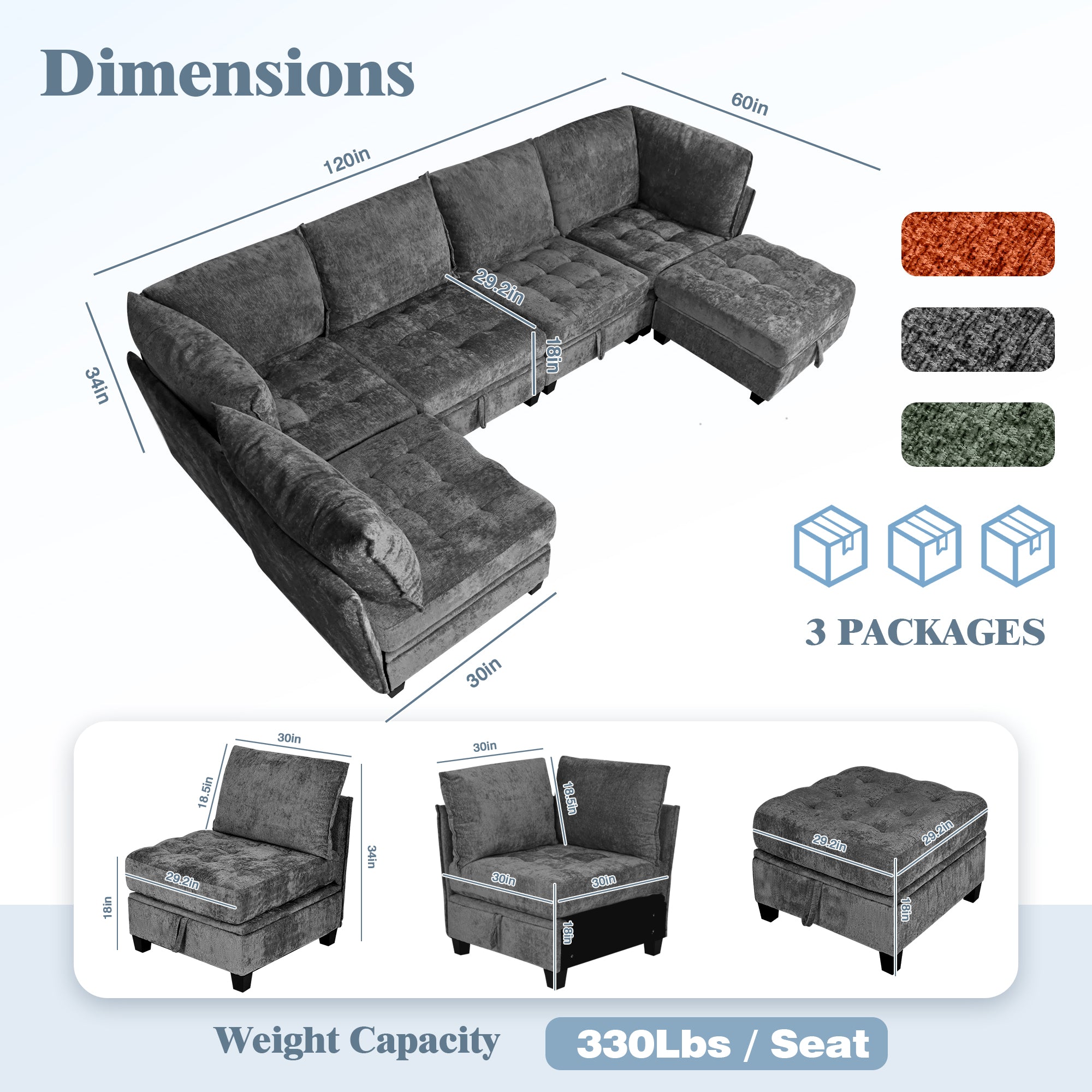 Gray sectional sofa with dimensions, color options, and weight capacity information.