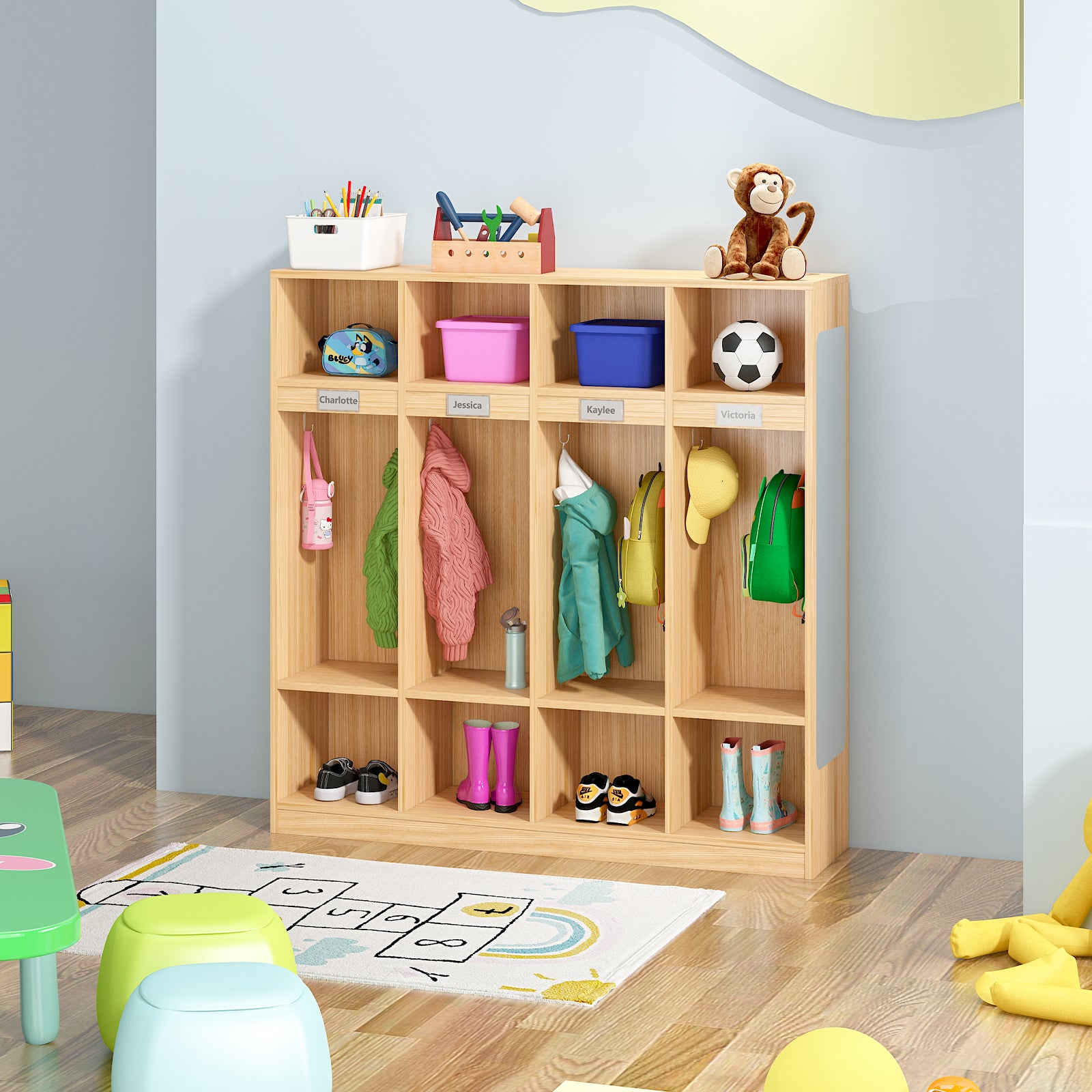 Children's locker with toys and clothes in a playroom setting