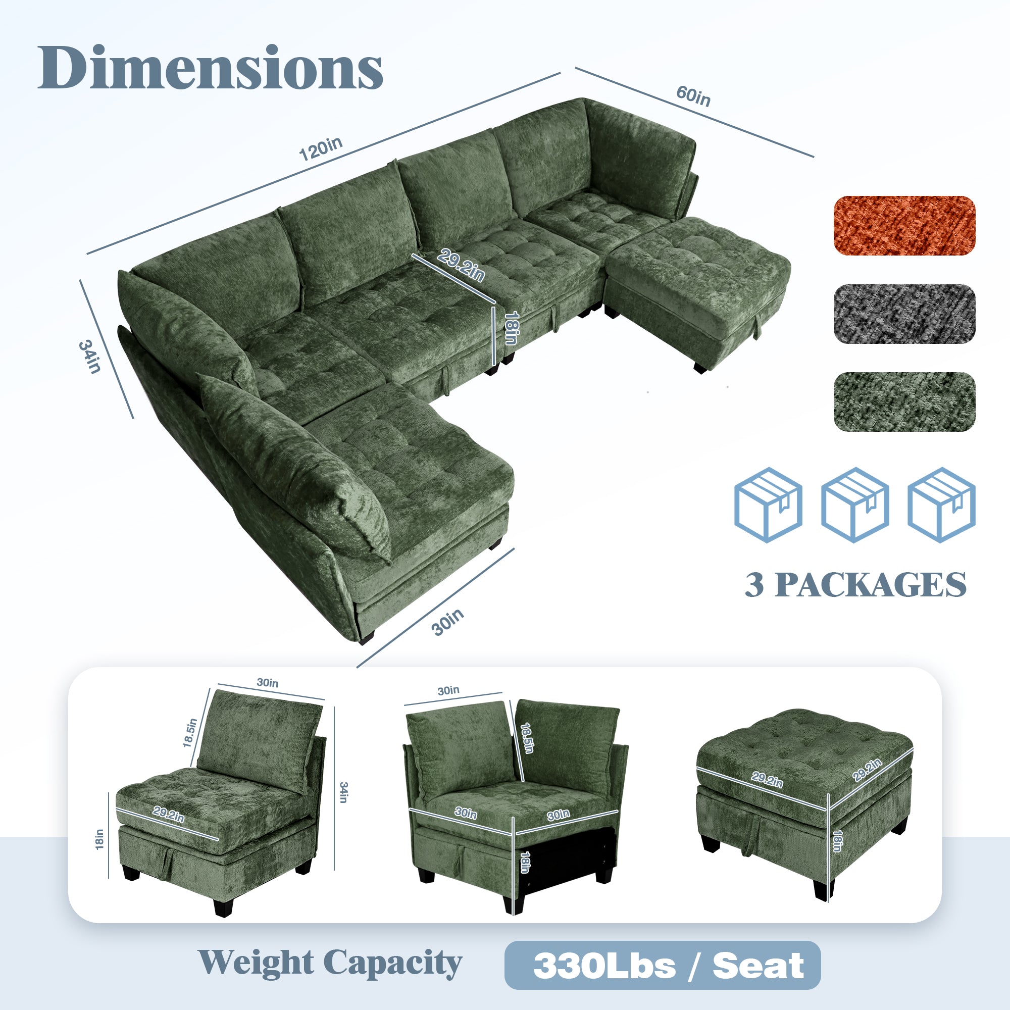 Green sectional sofa with dimensions, color options, and weight capacity information.
