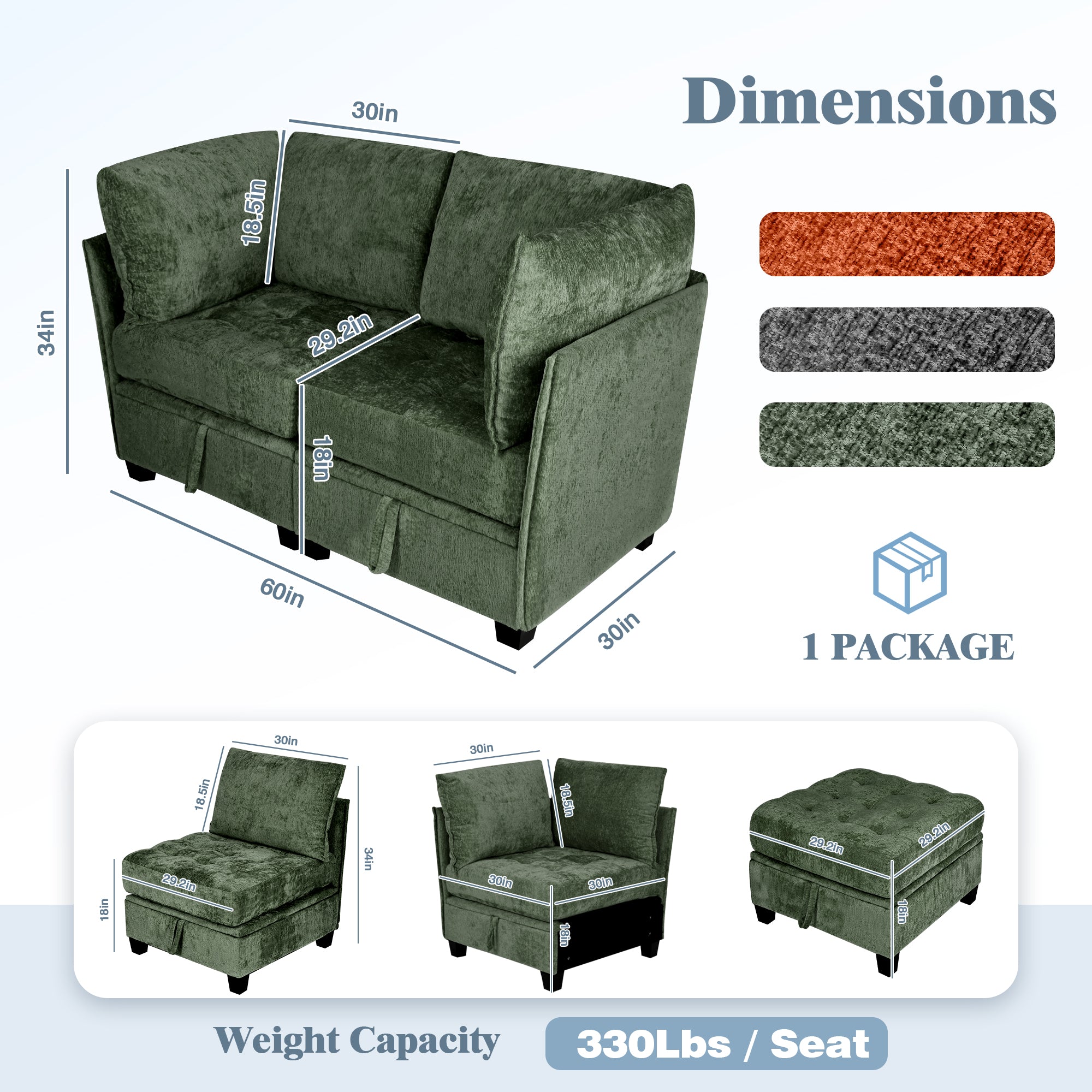 Green sectional sofa with dimensions and color options on a white background